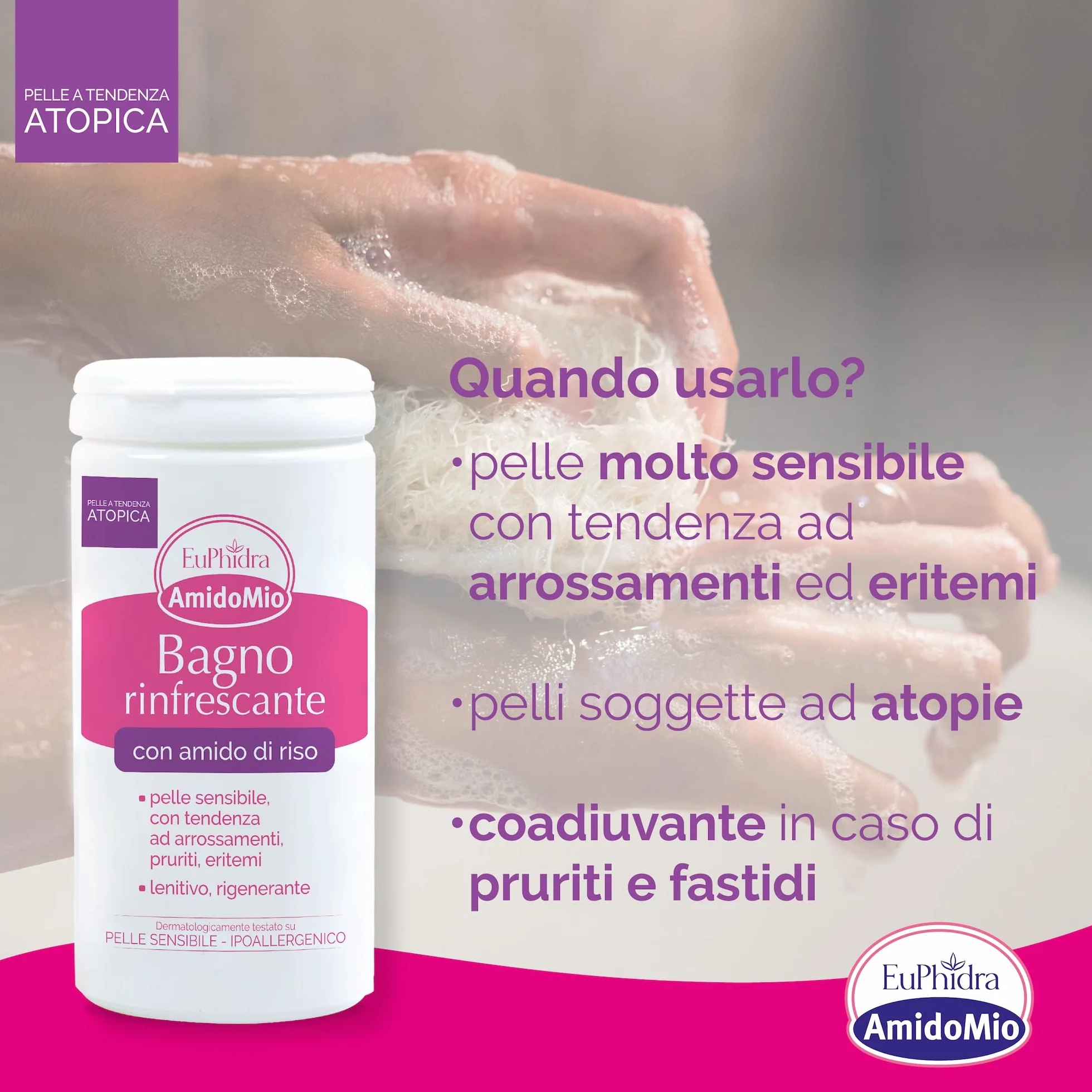 Euphidra - AmidoMio Bagno Rinfrescante, Polvere Lenitiva con Amido di Riso 100% puro, per Pelli Delicate e Sensibili, Rinfrescante e Antinfiammatorio, Flacone 125g