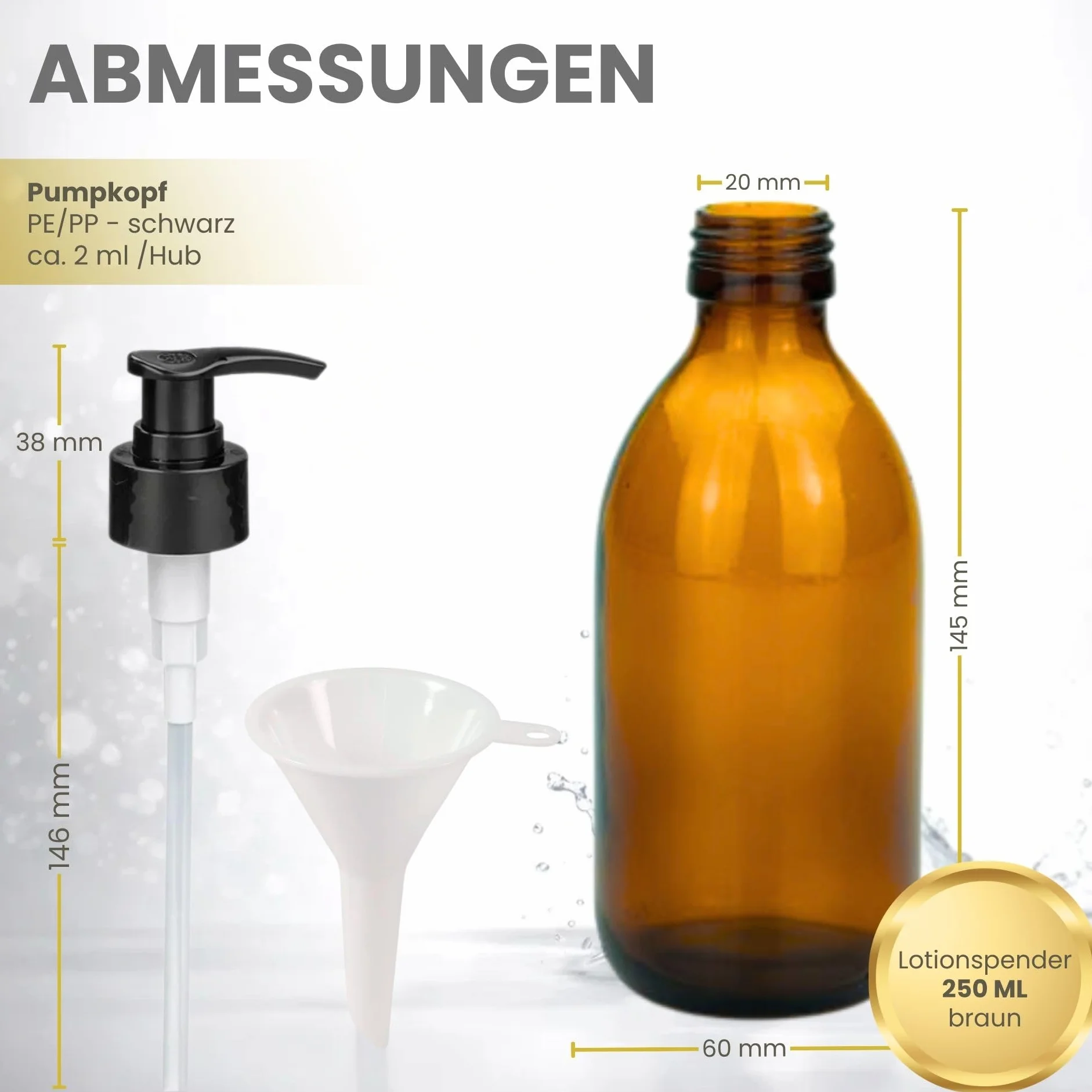 mikken Set di 2 distributori di sapone in vetro marrone 250 ml – dispenser di lozioni ricaricabili e bottiglie di pompa, senza BPA, per sapone, disinfettante, detersivo, detersivo, shampoo con imbuto