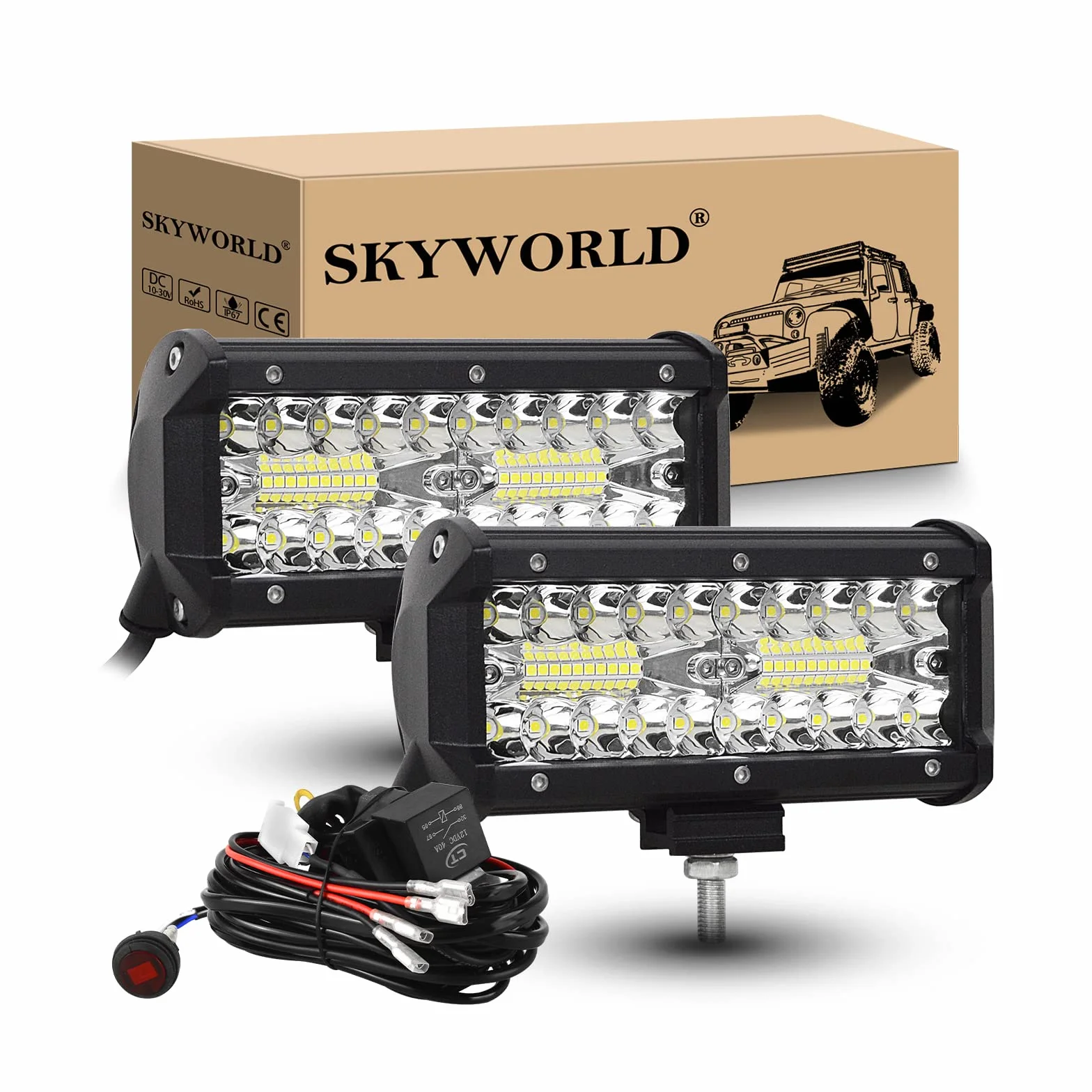 SKYWORLD 2 Pcs 7 Pollici 18 cm 120W Faro da Lavoro LED 12V Toggle Cablaggio Kit per 4x4 Moto Auto ATV SUV