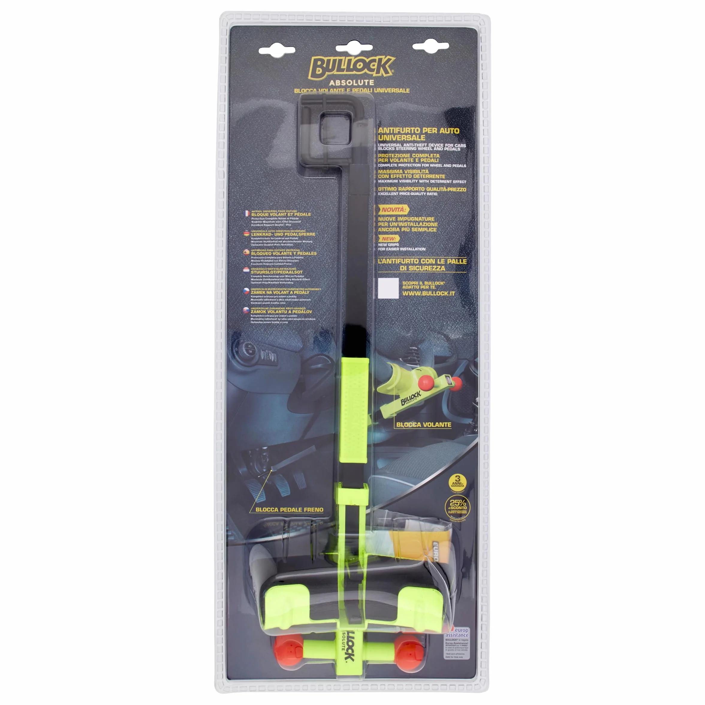 Bullock Absolute Antifurto Meccanico Universale per Auto, Protezione Volante e Pedali, Acciaio Carbonitrurato