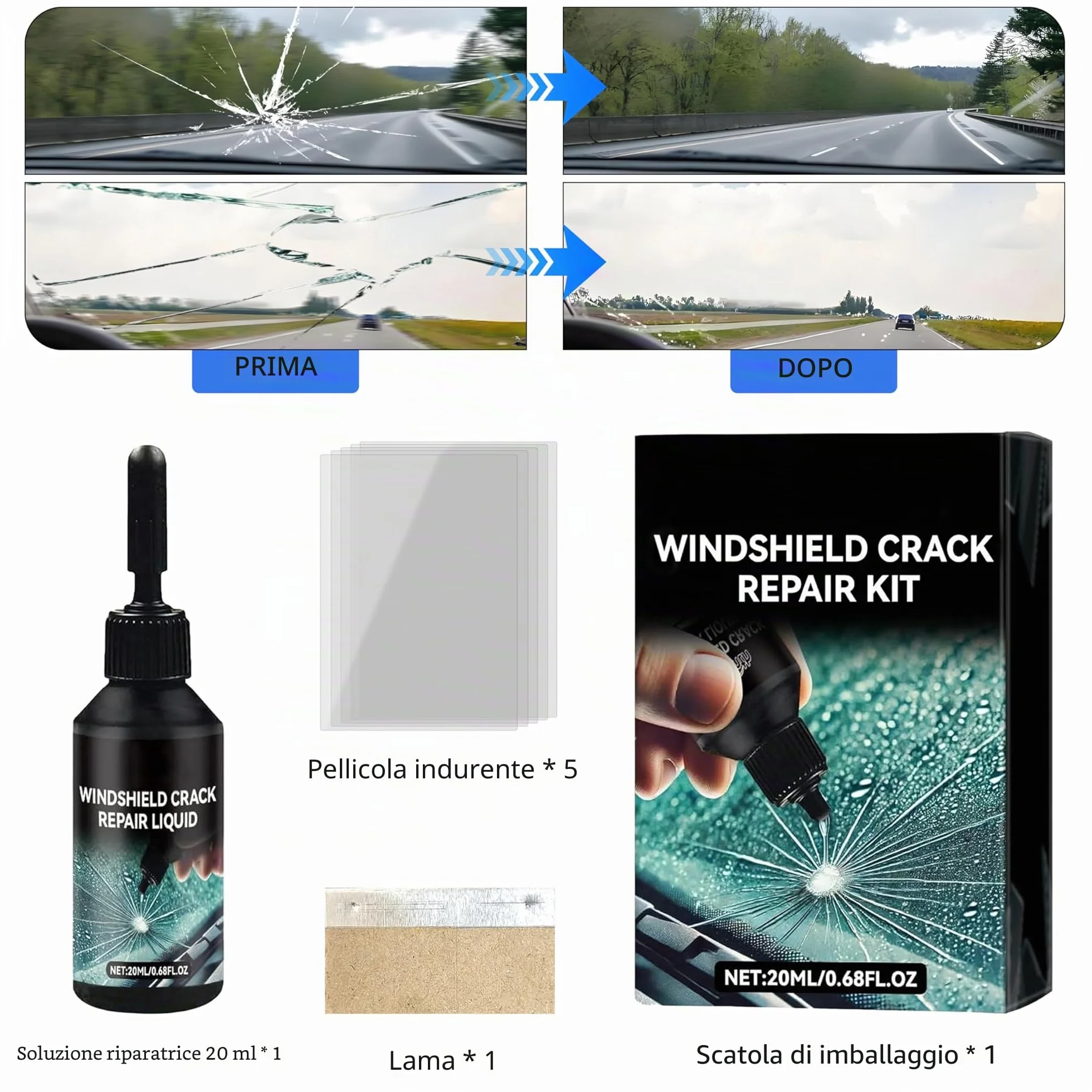 Kit di Riparazione del Vento Cracking per Chip e Cracks, Kit di Riparazione per Auto Windshield Crack Repair Liquid for Cracks, Kit di Riparazione del Chip Rock Windshield (1)