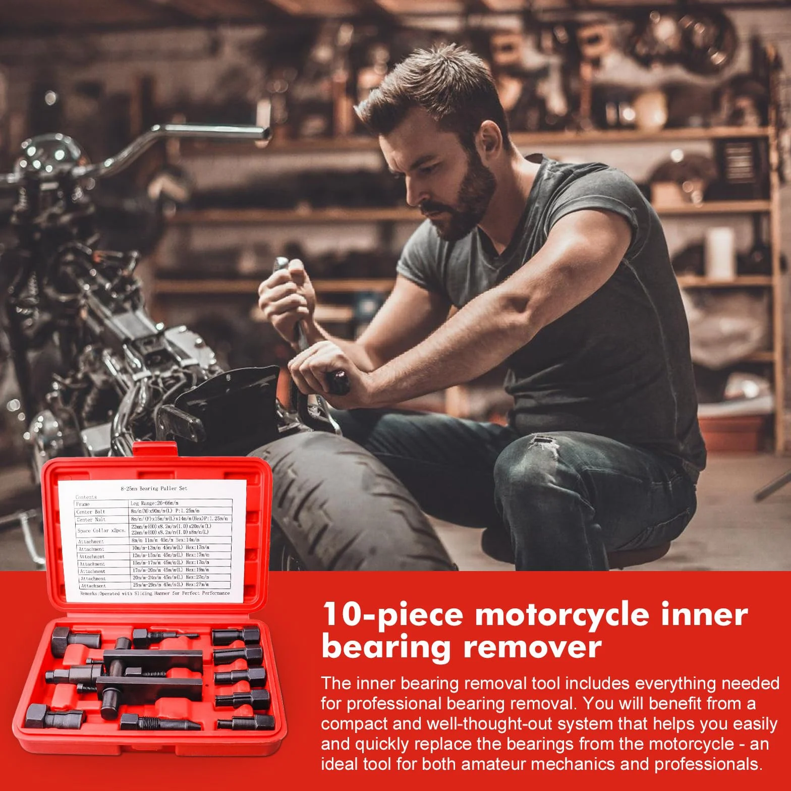 Set di 10 estrattori per cuscinetti interni per moto, 8-25 mm, rimozione cuscinetto ruota
