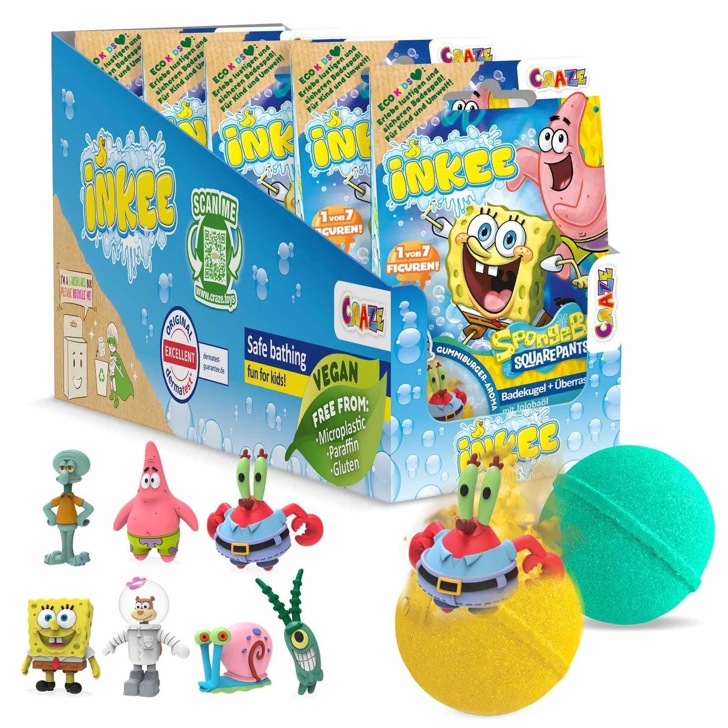 INKEE SpongeBob SquarePants confezione da 5 bombe da bagno per bambini con sorpresa - figure collezionabili di SpongeBob - 5x sfere da bagno da 80 g al gusto di gomma da masticare e olio di jojoba