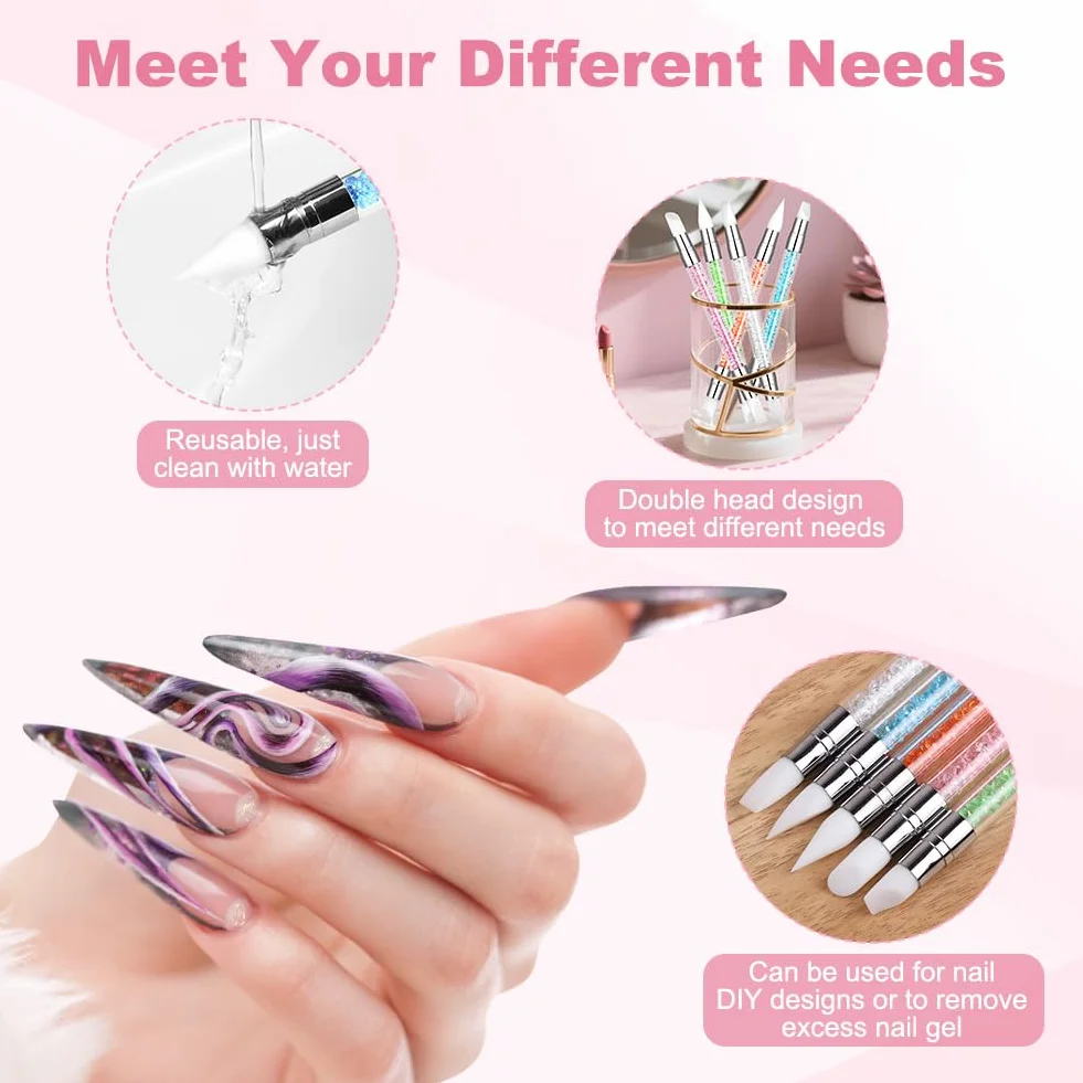 Pennelli in Silicone per Unghie, 5 Pezzi Pennelli in Nail Art con due punte Pennello, Nail Art Sculpture Pen, per intaglio per unghie in gel Strumenti per nail art, per nail art DIY