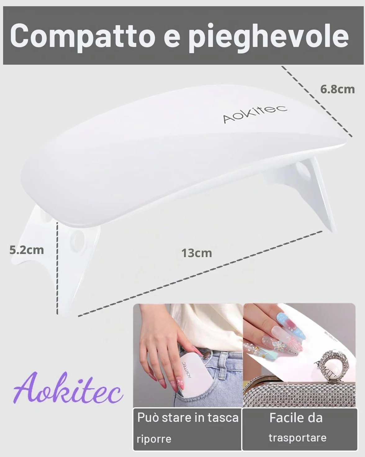 Aokitec Mini lampada per unghie portatile UV a forma di topo, lampada per unghie in gel tascabile con USB per tutti gli smalti gel, asciugatrice con 2 timer