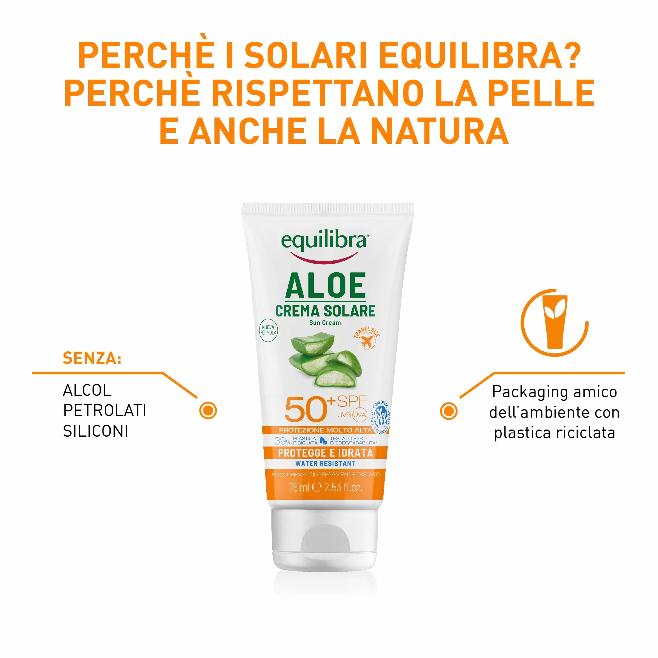 Equilibra Solari Aloe Crema Solare SPF 50+ Travel Size 75ml Water Resistant