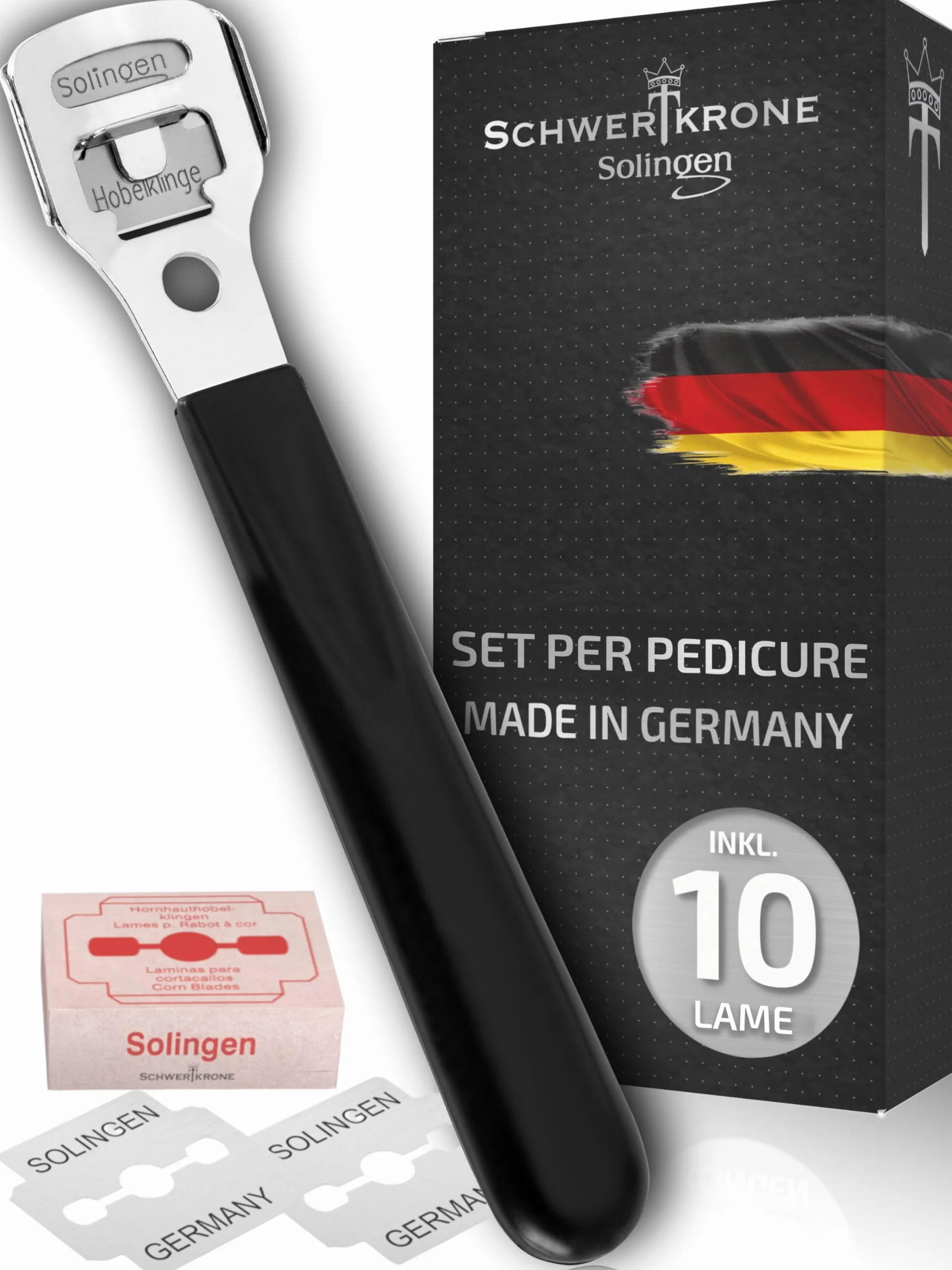 Schwertkrone Set per calli con 10 lame [Made in Solingen – Germania] – Pialla per calli – Rimozione calli con lame di ricambio – Strumento per la cura dei piedi per uomini e donne – Pedicure