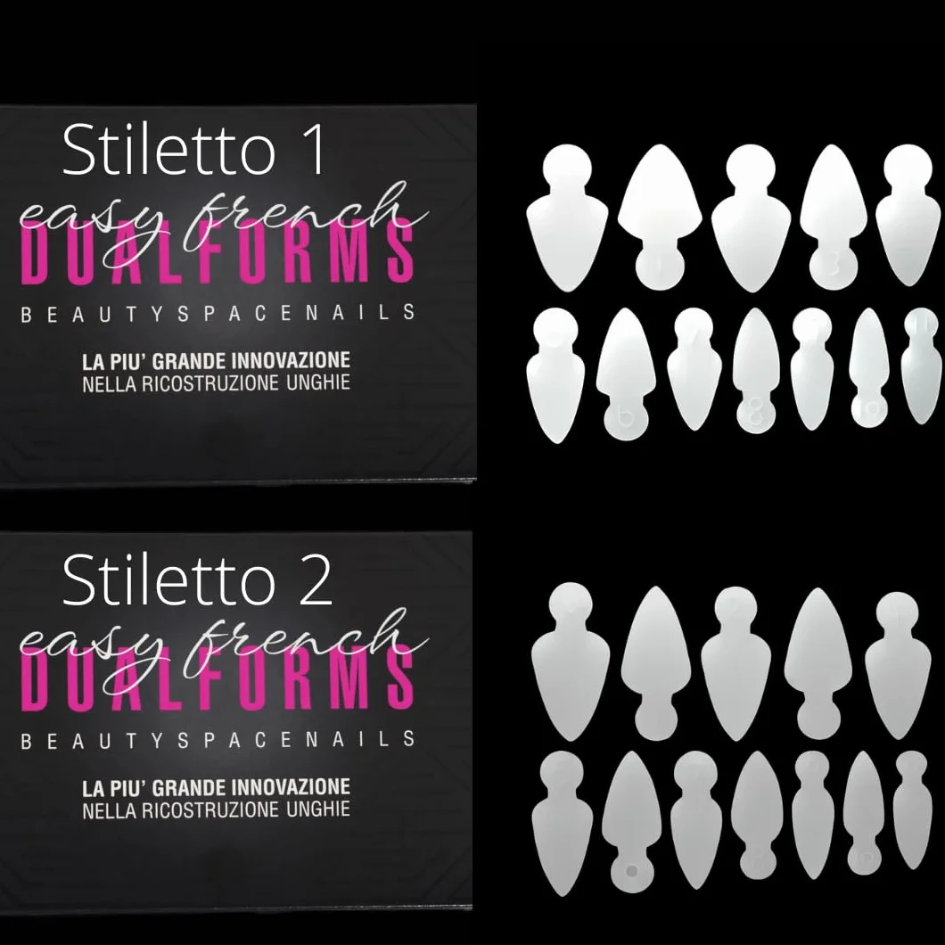 Beauty Space nails - 2 EASY FRENCH silicone stencil sticker stampo per linea muretto per dualforms, soft silicone riutilizzabili per sistema dual system (MODELLO STILETTO LONG+SHORT)