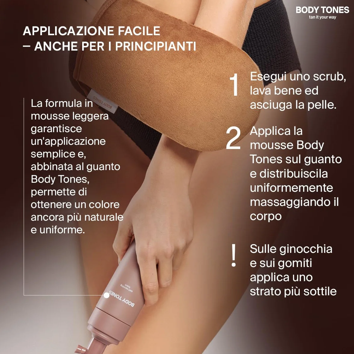 BODY TONES Schiuma Autoabbronzante Set 155 ml con Guanto – Autoabbronzante Corpo, Self Tan Naturale, Mousse Idratante