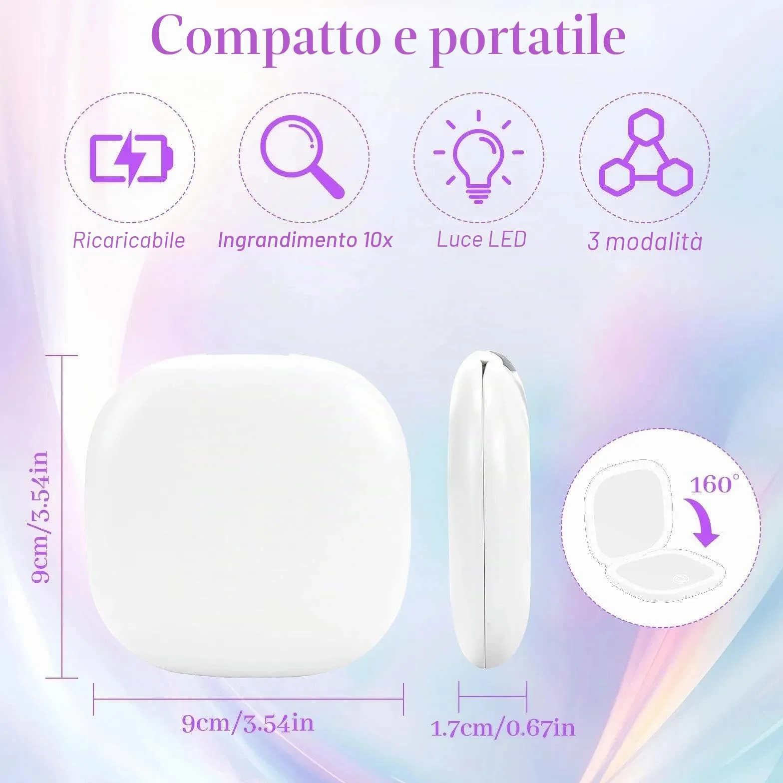 Collazoey LED Specchio Ingranditore, 1X/10X Specchietto da Borsetta, Chargement par USB, 3 Luci Regolabile Portatile Specchio da Viaggio, Interruttore Magnetico Pieghevole Piccolo Mirror (Bianco)