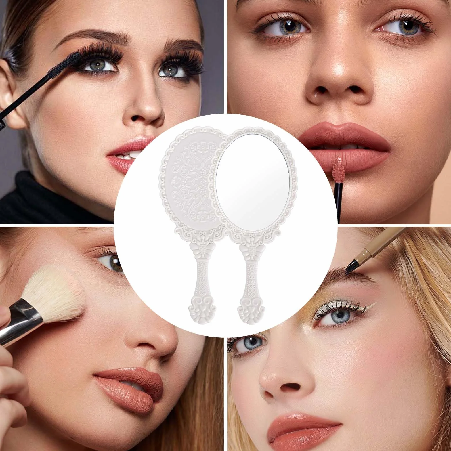 Specchio con Manico,Specchio Portatile Professionale,Specchio Barbiere con Comoda Maniglia,Specchio Cosmetico Forma Rotonda,Sostenibile e Durevole,Perfetto per Radersi o Applicare il Trucco (Bianco)