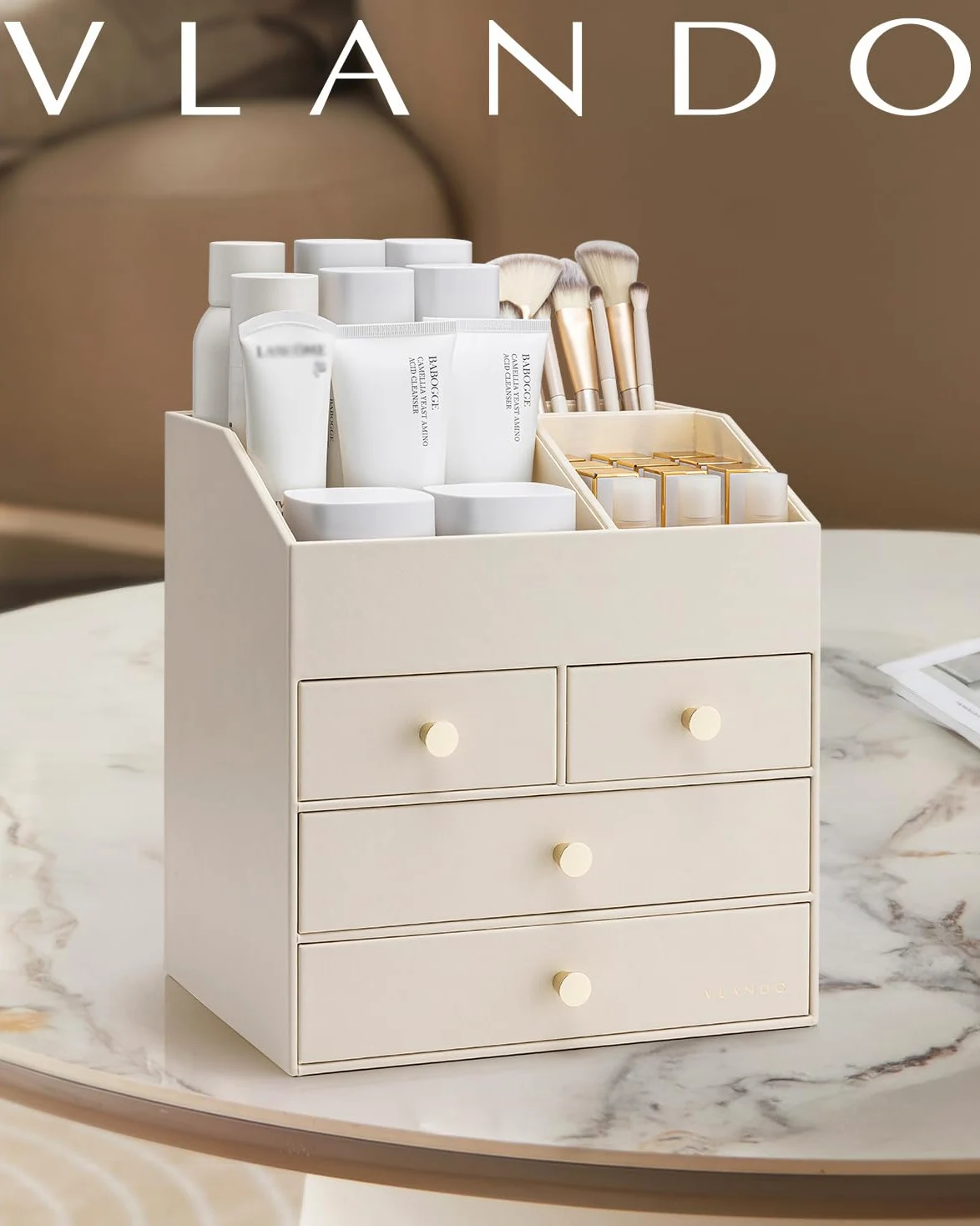 VLANDO Organizer per trucchi con 4 cassetti, grande organizer da tavolo da | Organizer per profumi, per la cura della pelle, accessorio da toeletta per rossetto, regalo, beige