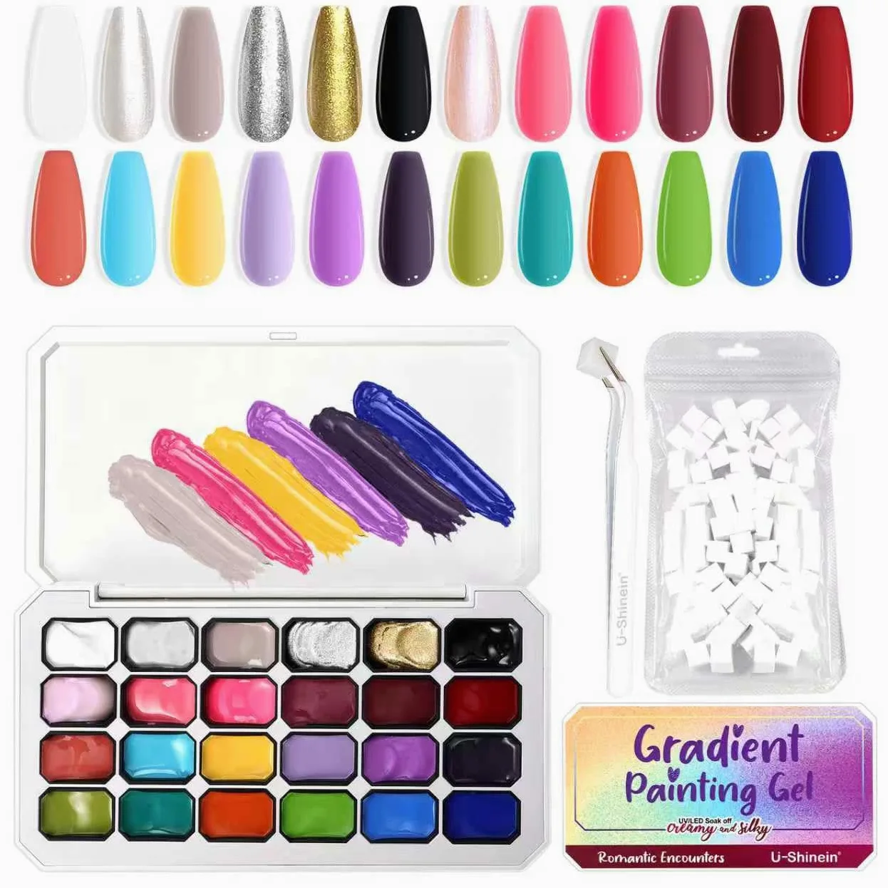 Smalto in Gel Gradient Painting, Set A con 24 Colori Ombre e 100 Pezzi di Spugna per Unghie e Pinzette per Manicure Francese Fai-da-Te, Arte delle Unghie
