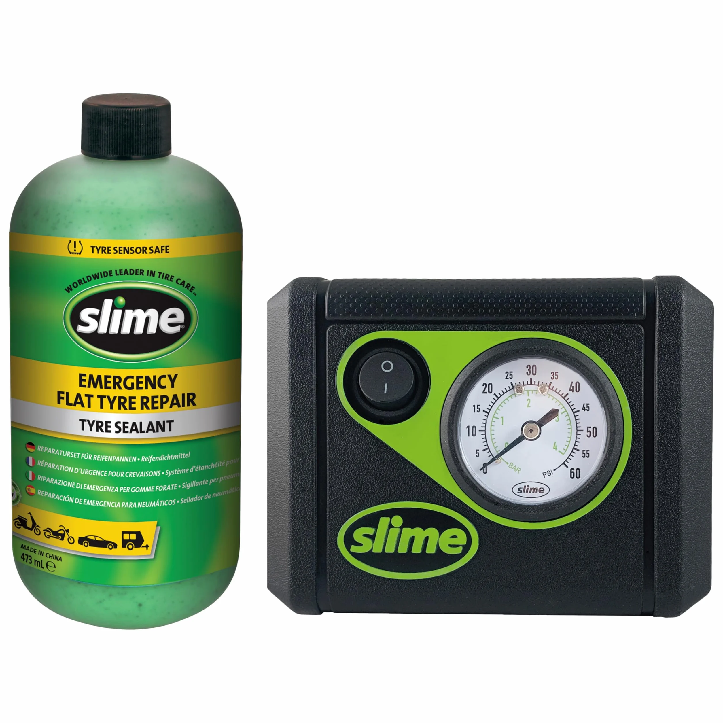 Slime CRK0305-In Flat Tyre Puncture Repair Kit with Sealant and Inflator Pump for Car Tyres