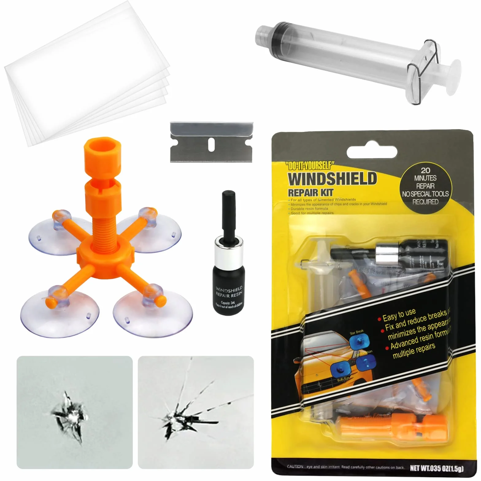 Vanwoke Kit Riparazione Parabrezza Auto con Resina e Siringhe a Pressione per Incrinature, Scheggiature, Fessure e Graffi