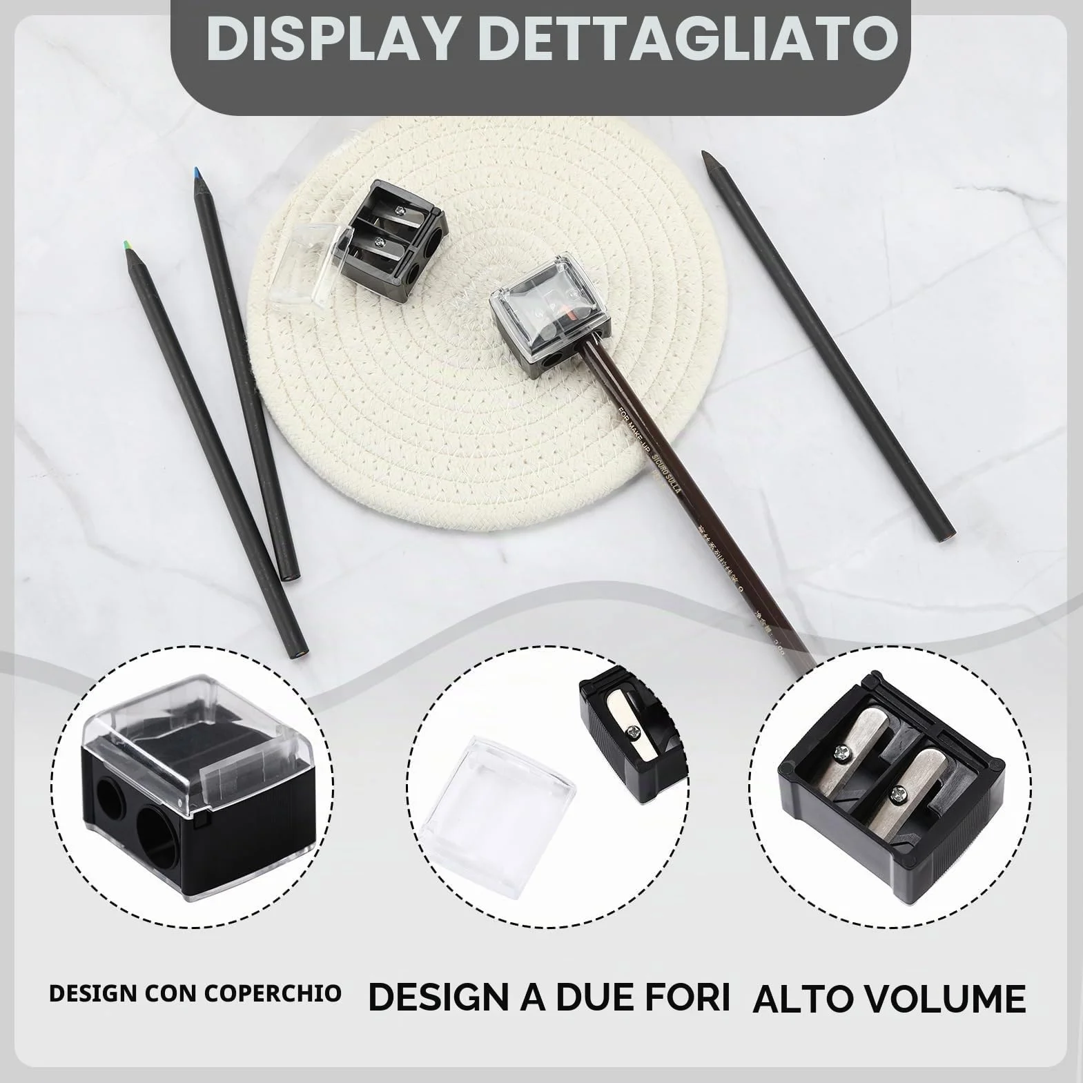 Temperino Doppio per Matite Cosmetiche, Eyeliner, Sopracciglia (Nero)
