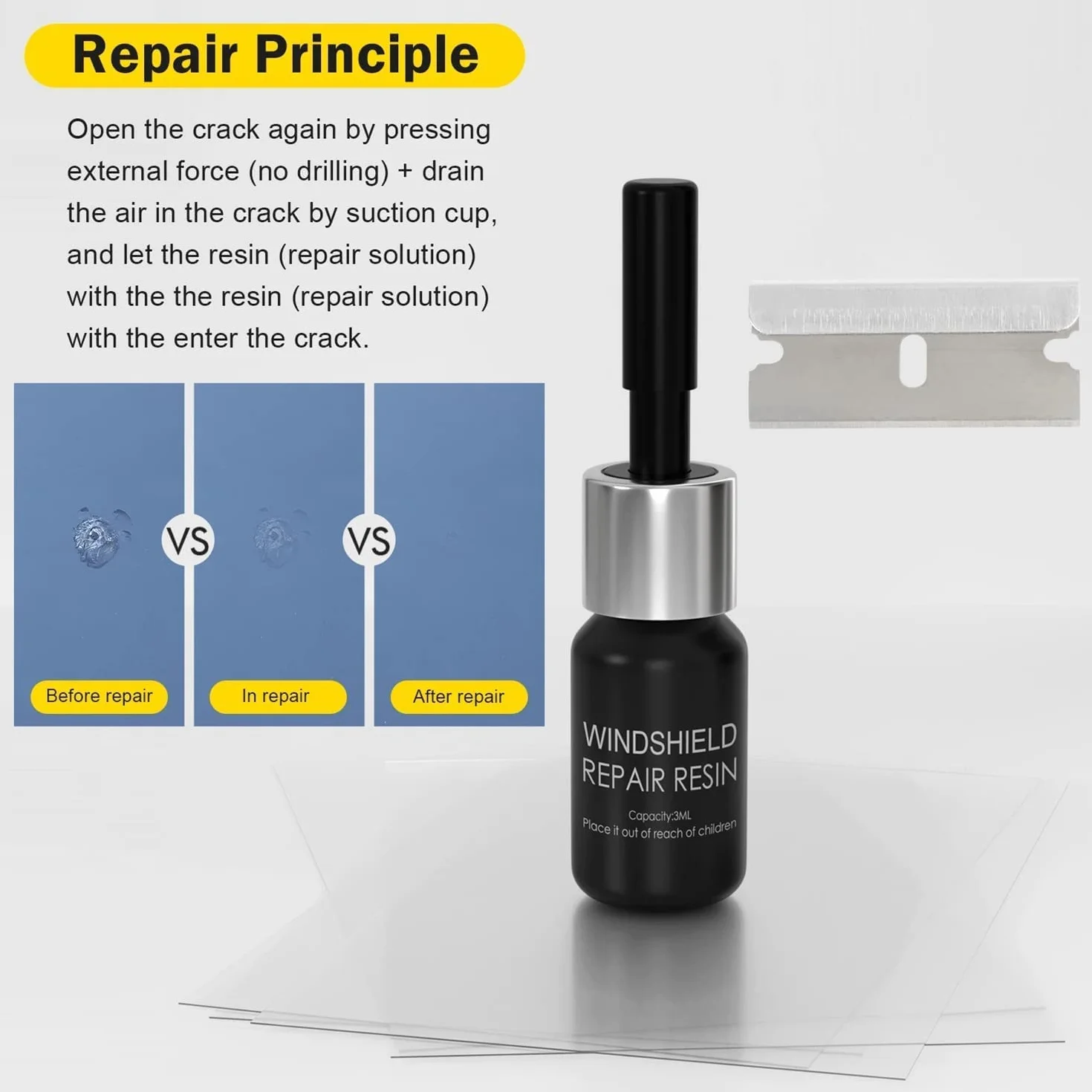 Kit di riparazione vetri rotti resina, liquido riparazione vetri incrinati, nano riempitivo scheggiature crepe (3pcs)
