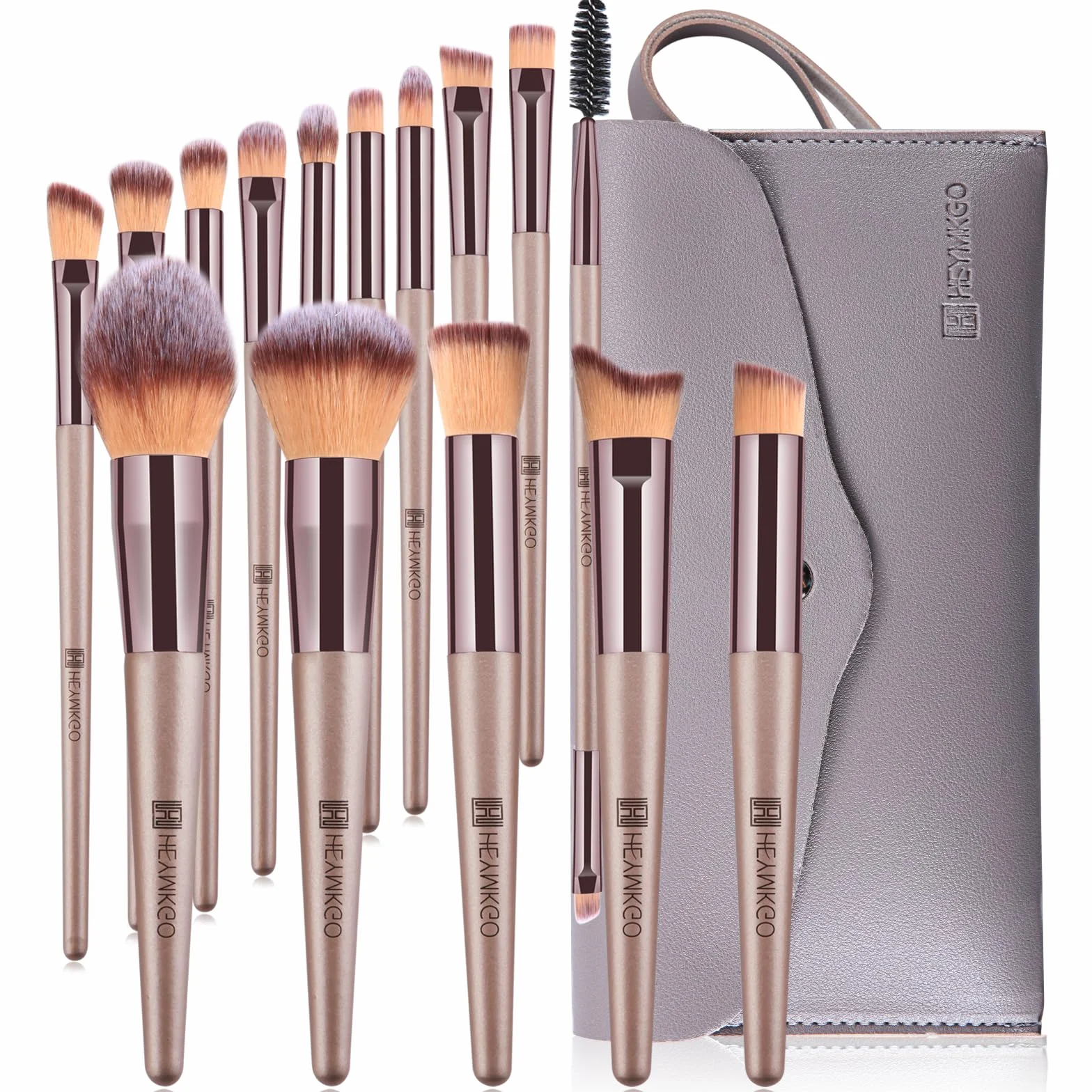 HEYMKGO Set Pennelli Trucco 15 Pezzi Professionale con Trousse Pelle PU Champagne Gold Kit Makeup Brushes Regalo Donne