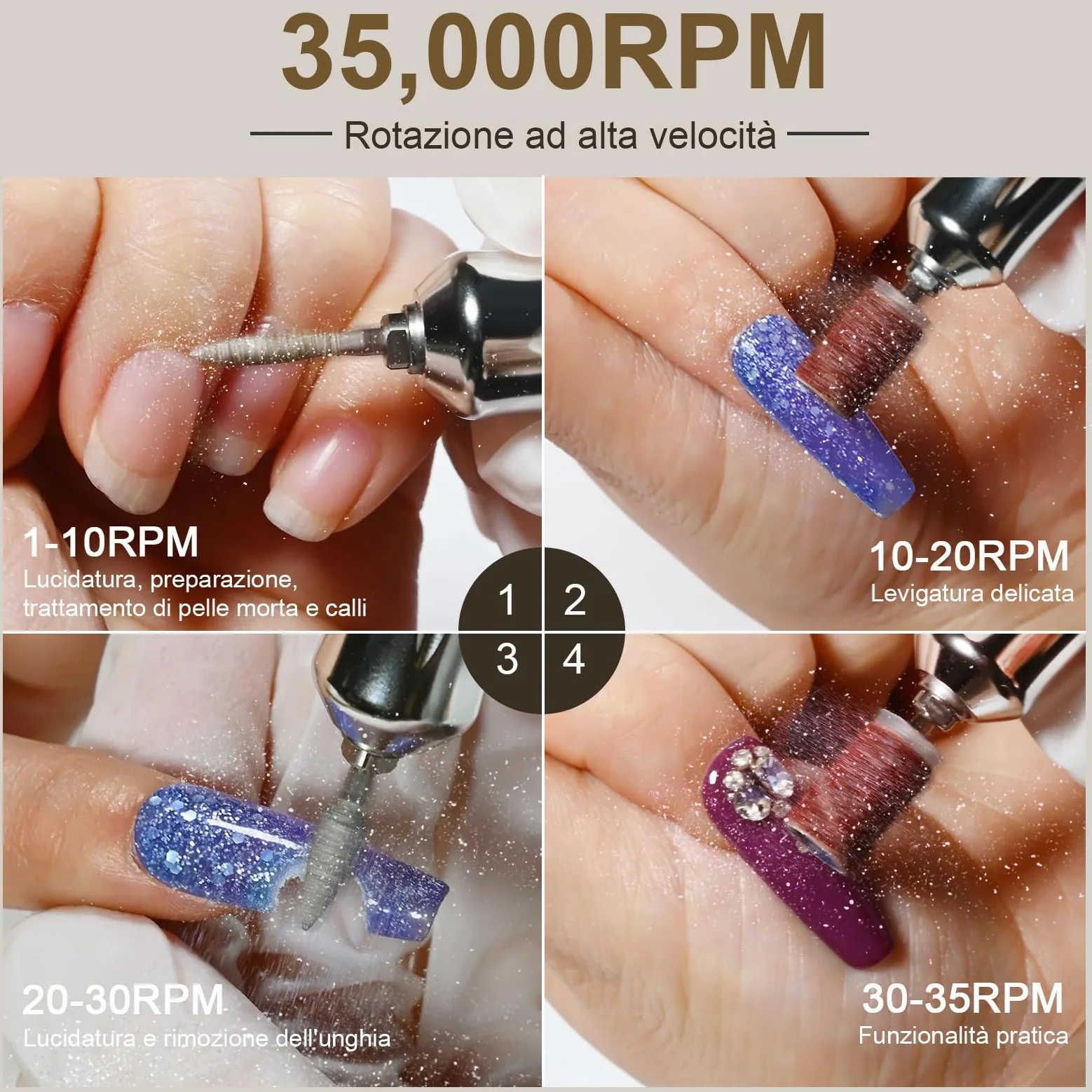 Fresa per Unghie Professionale 35000RPM per Unghie in Gel, Trapano Elettrico Ricaricabile con Display LED, Portatile, Kit Professionale per Manicure e Pedicure per Casa e Salone, 48W, Bianco