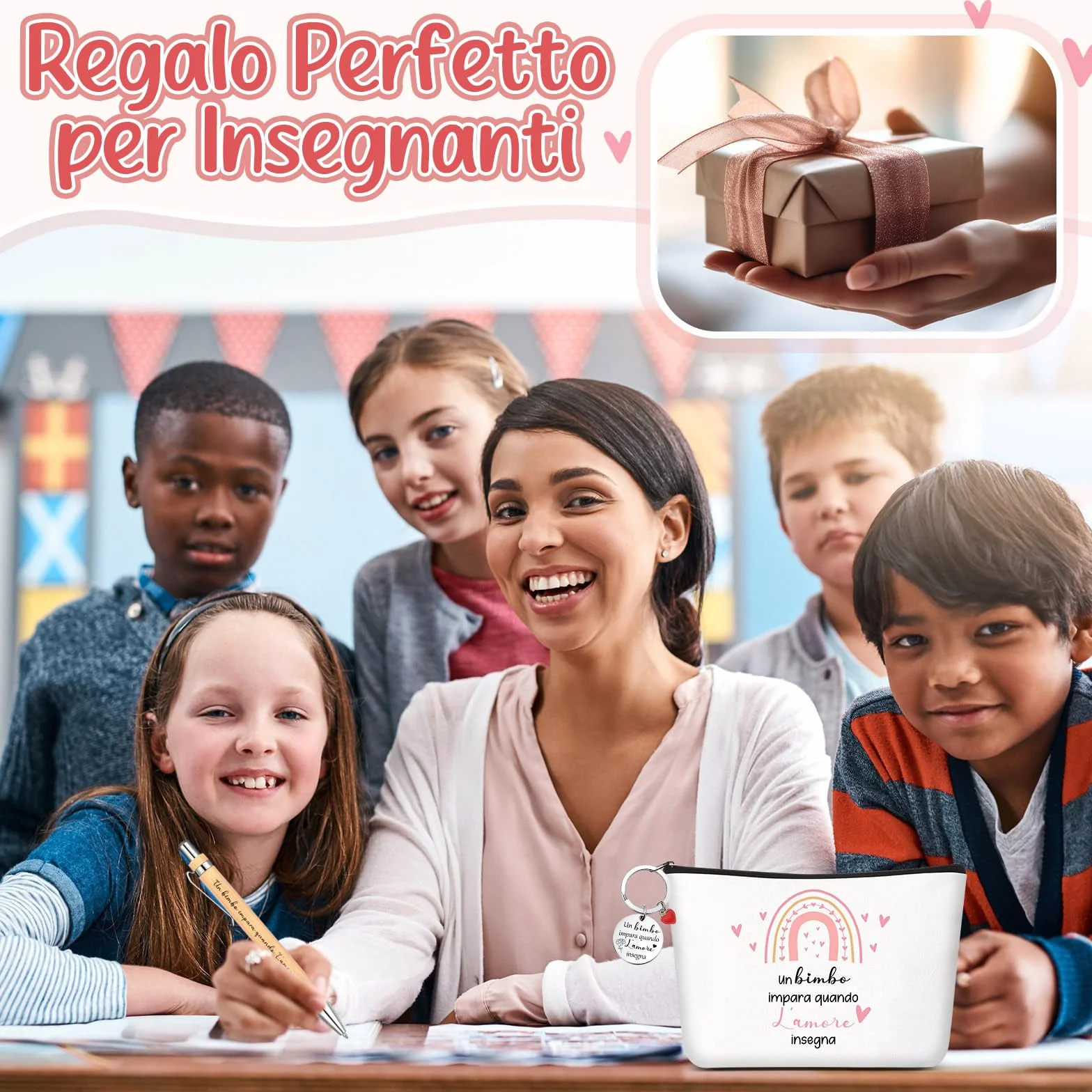 Jadive Set Regalo Maestra Fine Anno Borsa per Cosmetici Portachiavi Biglietto di Ringraziamento a Forma di Cuore in Legno Penna a Sfera in Legno Regalo Creativo Addio per Insegnante