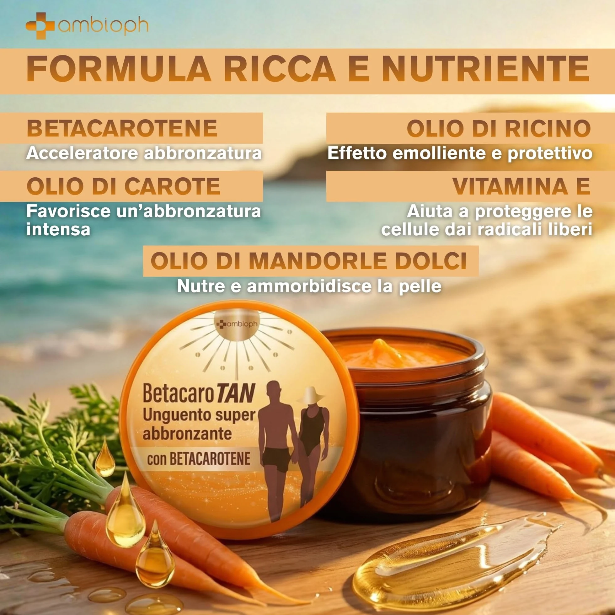Crema Abbronzante Corpo Acceleratore con Betacarotene Vitamina E Olio di Ricino e Mandorle Dolci