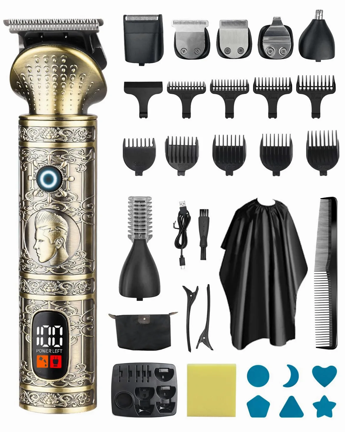 Kit 7 in 1 per barba da uomo, stile retrò, rasoi elettrici, rasoio da uomo, ricaricabile, senza fili, professionale, con display a LED, idea regalo