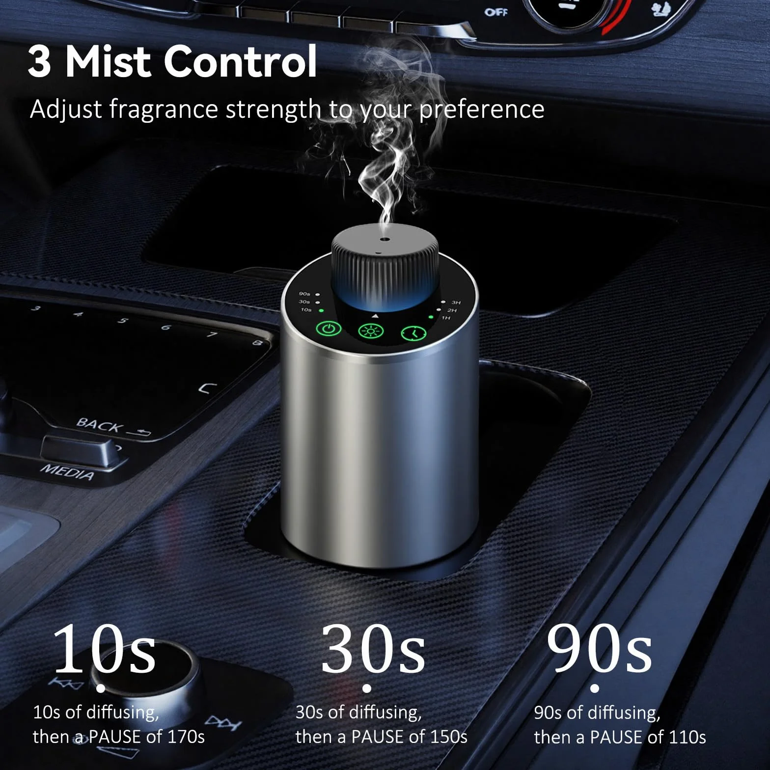 Diffusore oli essenziali per Auto Ufficio Casa Mini Aroma Batteria 4 Timer 3 Livelli Nebbia Argento