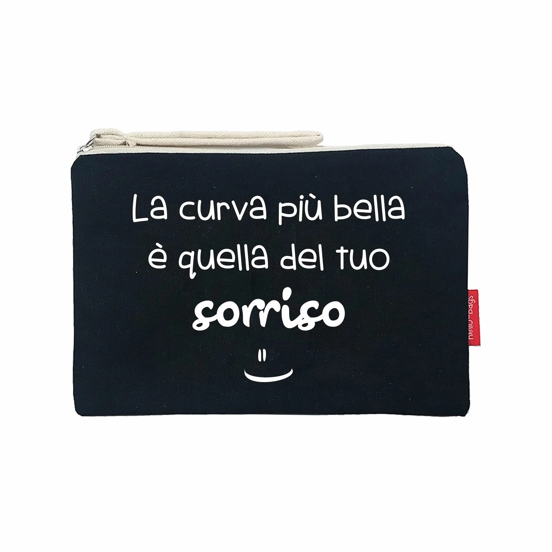 hello-bags Necessaire/pochette in tessuto con cerniera interna e fodera. Include una bella busta regalo kraft. Modello CURVABELLA. Colore: Ecru/Nero. Misure: 23 x 15,5 cm.