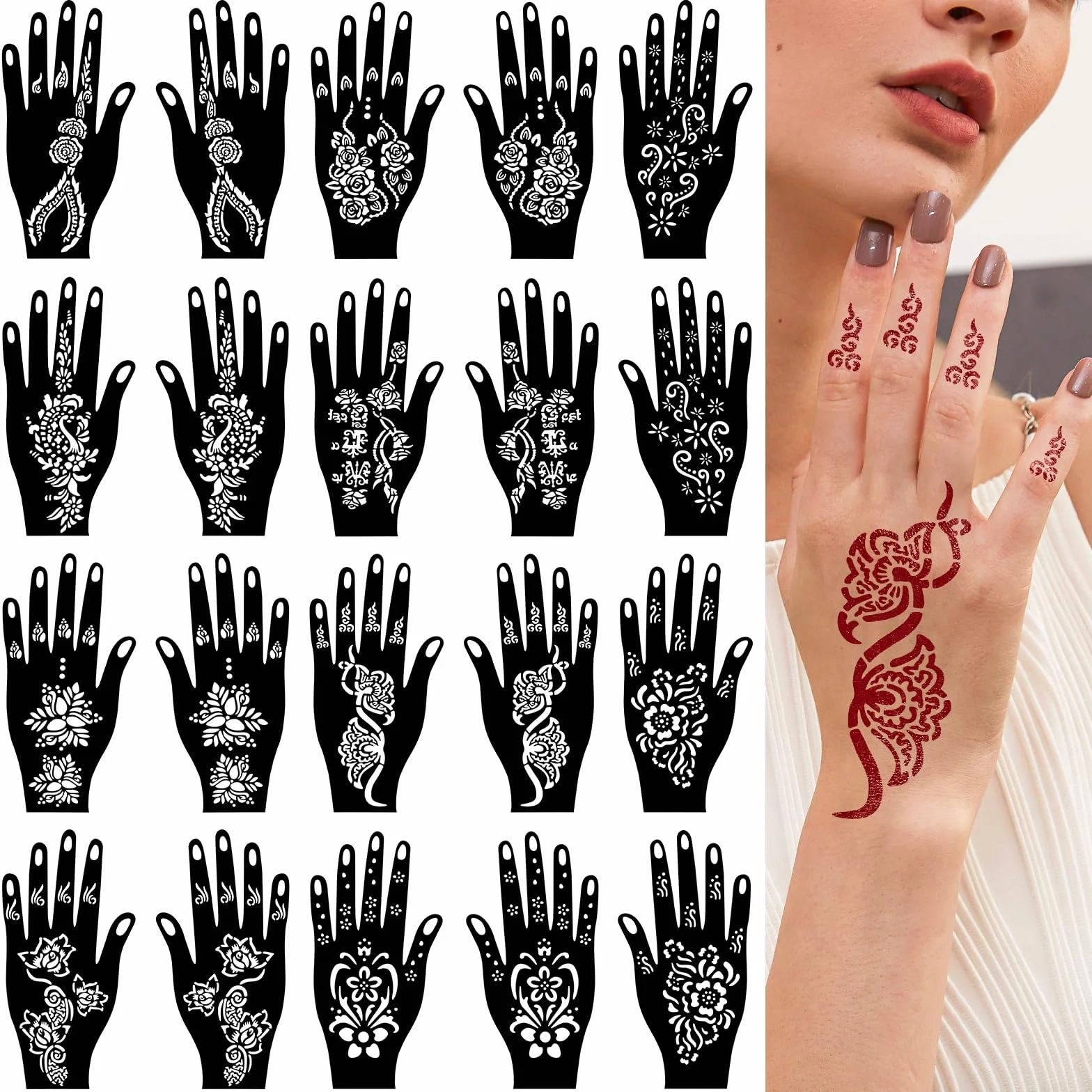 RAZET 20 Fogli Stencil per Tatuaggi per Mani, Modelli Autoadesivi per Palmi e Dita, Adesivi per Tatuaggio Temporaneo Indiano Arabo per Matrimoni e Feste