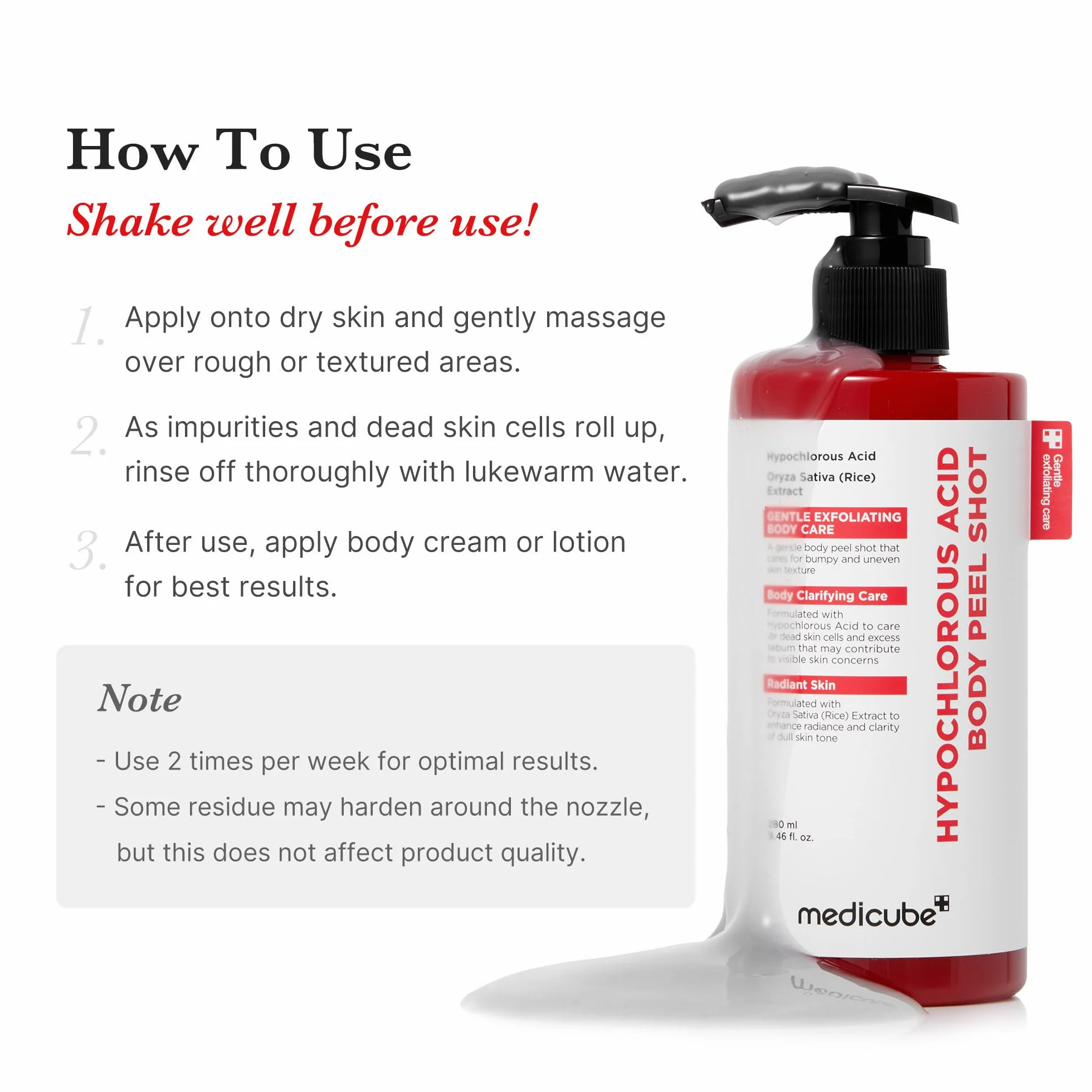 Medicube Body Peel Shot Hypochlorous Acid Gentle Exfoliating Serum Dead Skin Cells Rough Patches Uneven Texture Rice Extract Panthenol Hydrating Smoothing 9.46 fl.oz