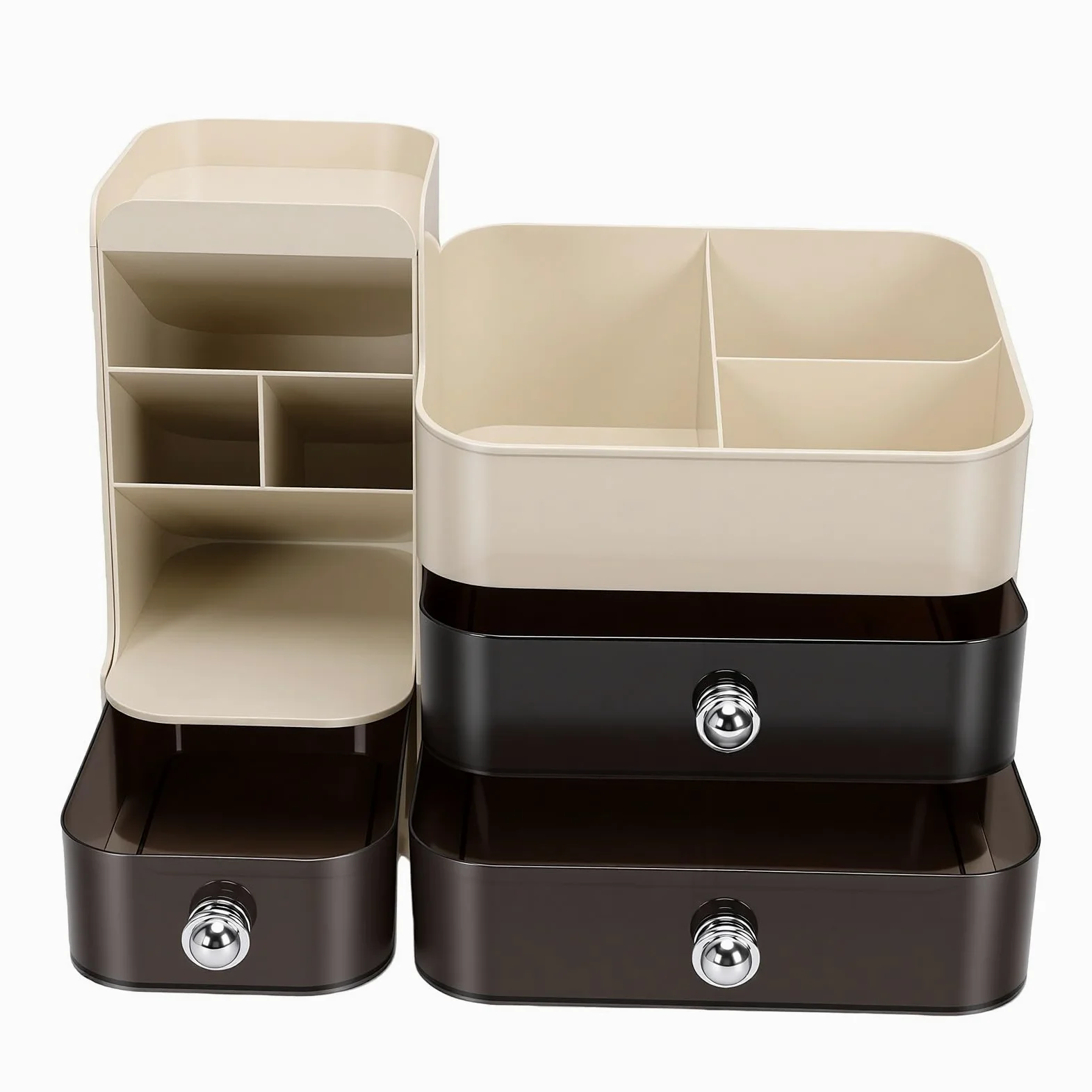Duokon Porta Trucchi da Tavolo con Porta Pennelli e 3 Cassetti per vanità Bagno Ufficio Storage (bianco panna)
