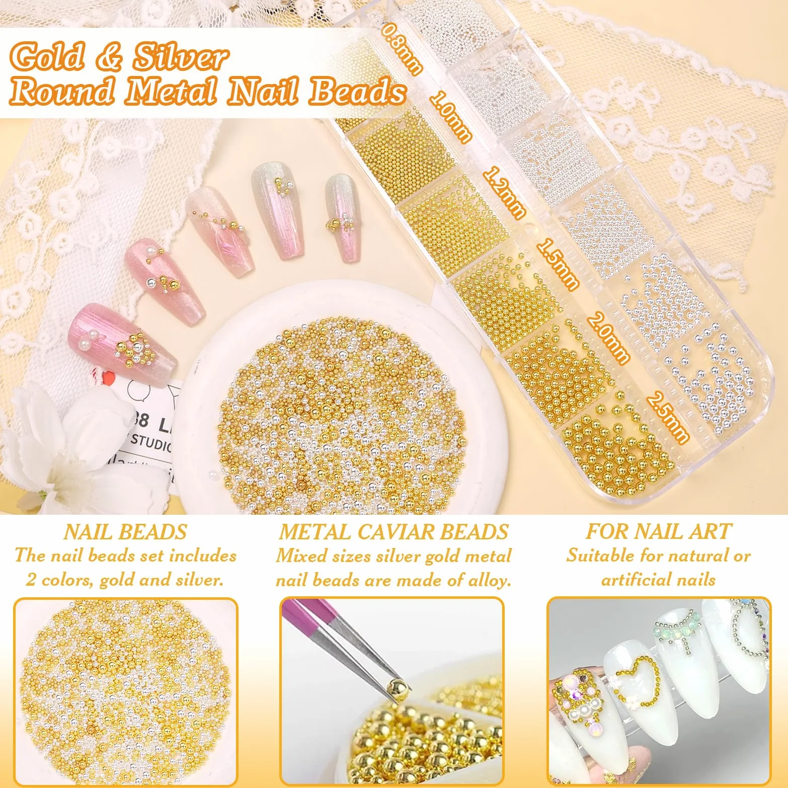 12 strisce di catene per nail art e perline in metallo per unghie (argento + oro) per nail art acrilica, catene dorate, piccole gemme rotonde per manicure fai da te accessori