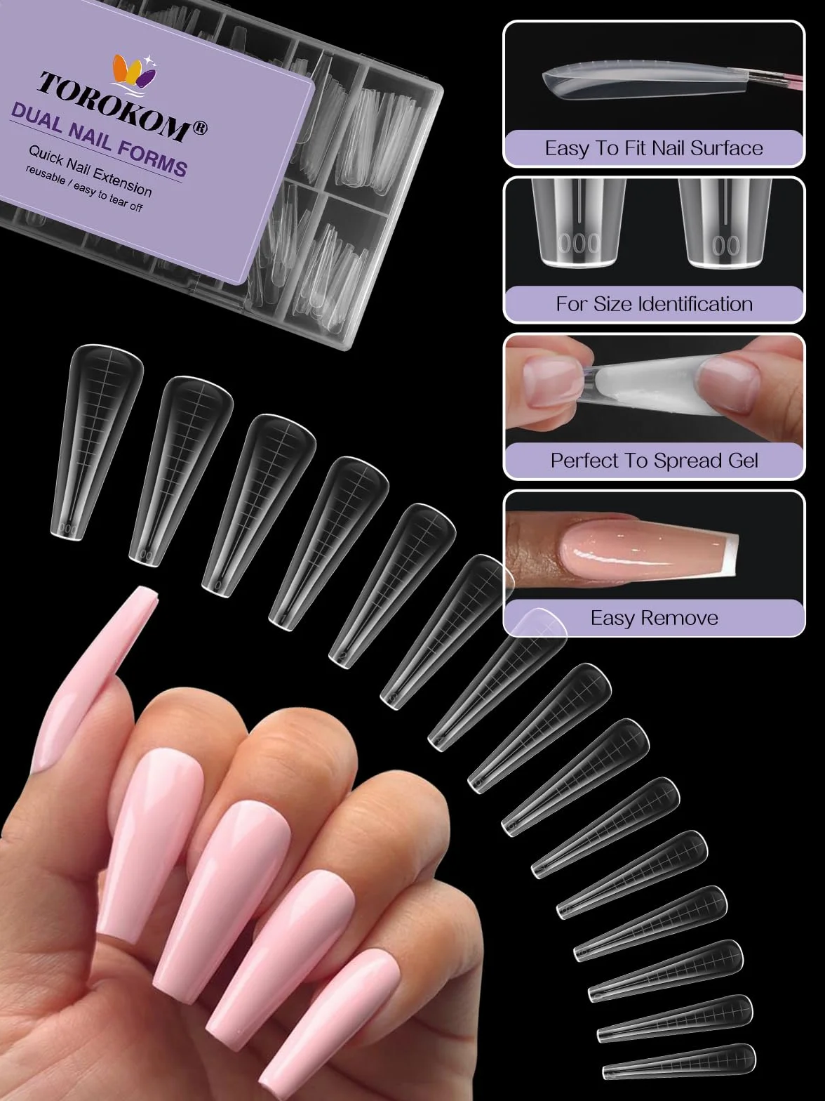 TOROKOM 150 Forme 15 Misure Doppie per Poly Gel - Stampini Professionali per Estensioni Rapide, Ideali per Nail Art in Salon & Fai da Te