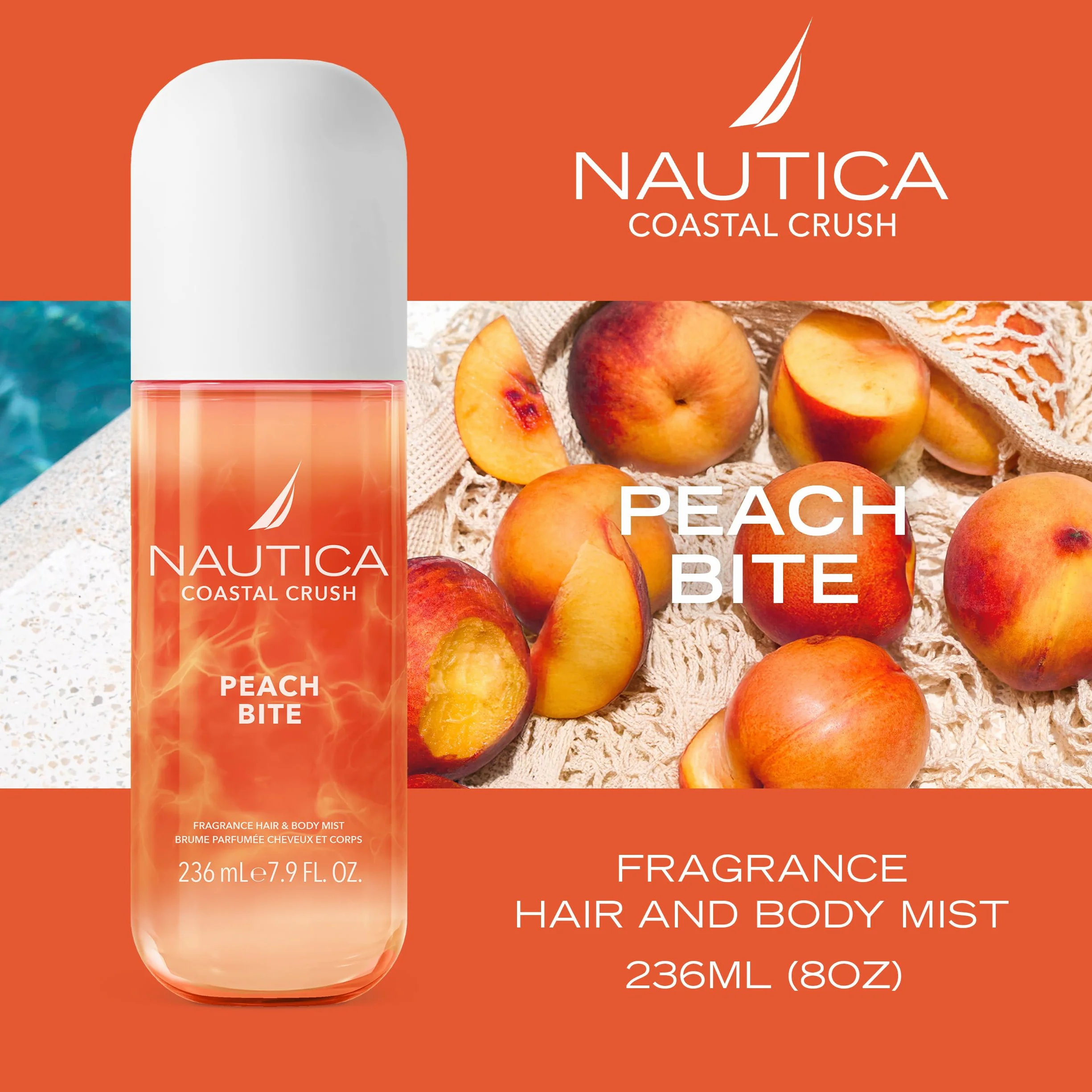 Nautica, Acqua profumata per il corpo Coastal Crush Peach Bite, Acqua profumata femminile per corpo e capelli dal profumo gourmand succoso fruttato, 236ml
