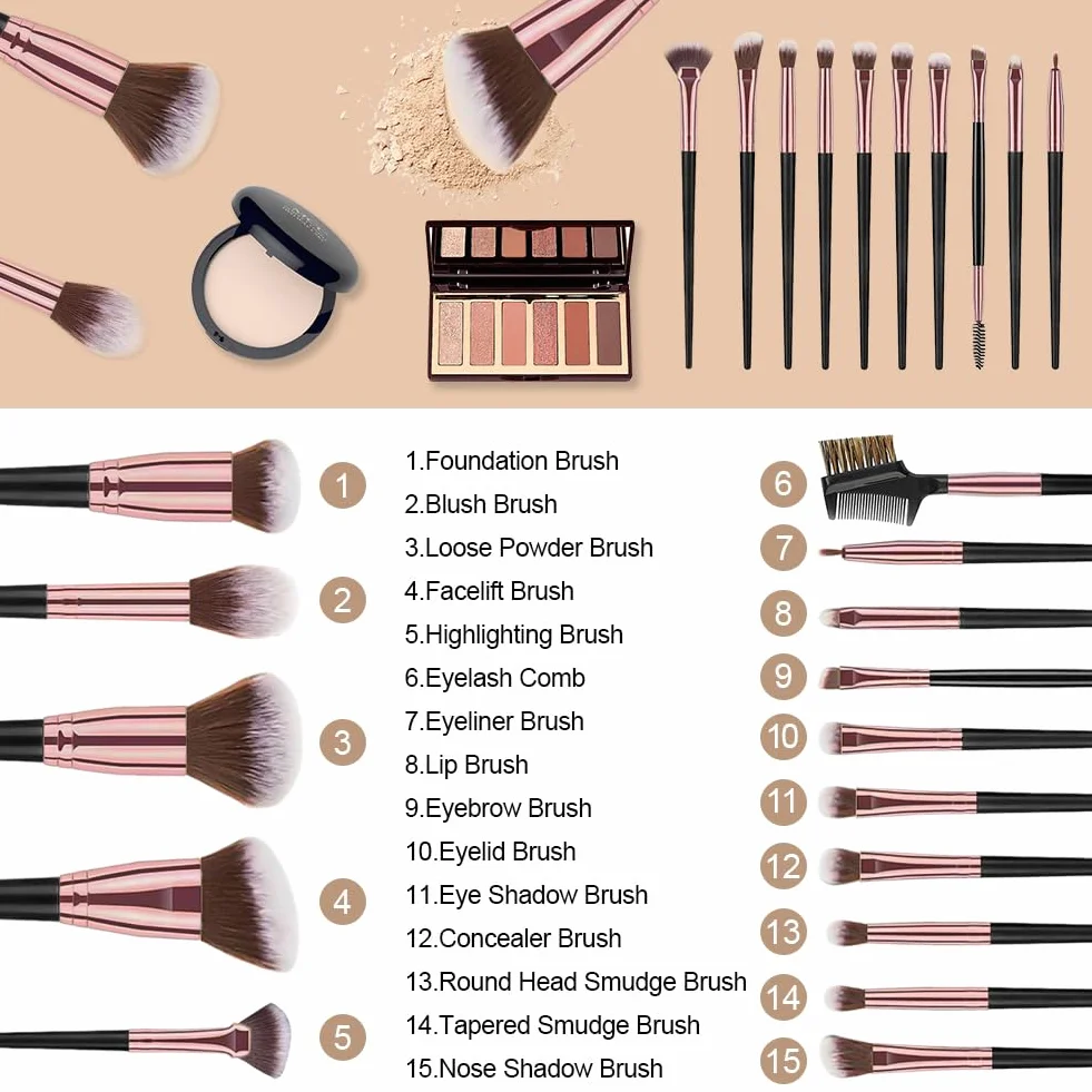 Vicloon Set Pennelli Make up da 18 pezzi,15 Pezzi Professionale Pennelli Make Up Pennelli con Ombretto Palpebra Eyeliner Mascara Sopracciglia Makeup Occhi con 2 Piumino per Cipria e Borsa Portaoggetti