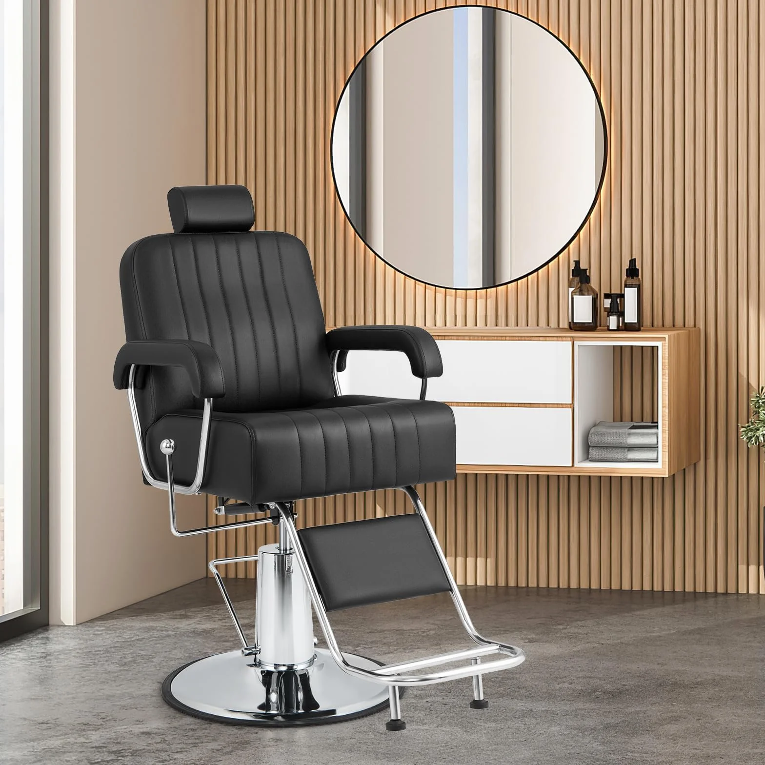 RELAX4LIFE Poltrona Parrucchiere, Sedia Barber 360° in Pelle PVC con Braccioli/Poggiapiedi, Schienale 100°-135°, Poggiatesta/Altezza Regolabile, Max 150KG per Salone (Nero, 106x60x(108-121) cm)