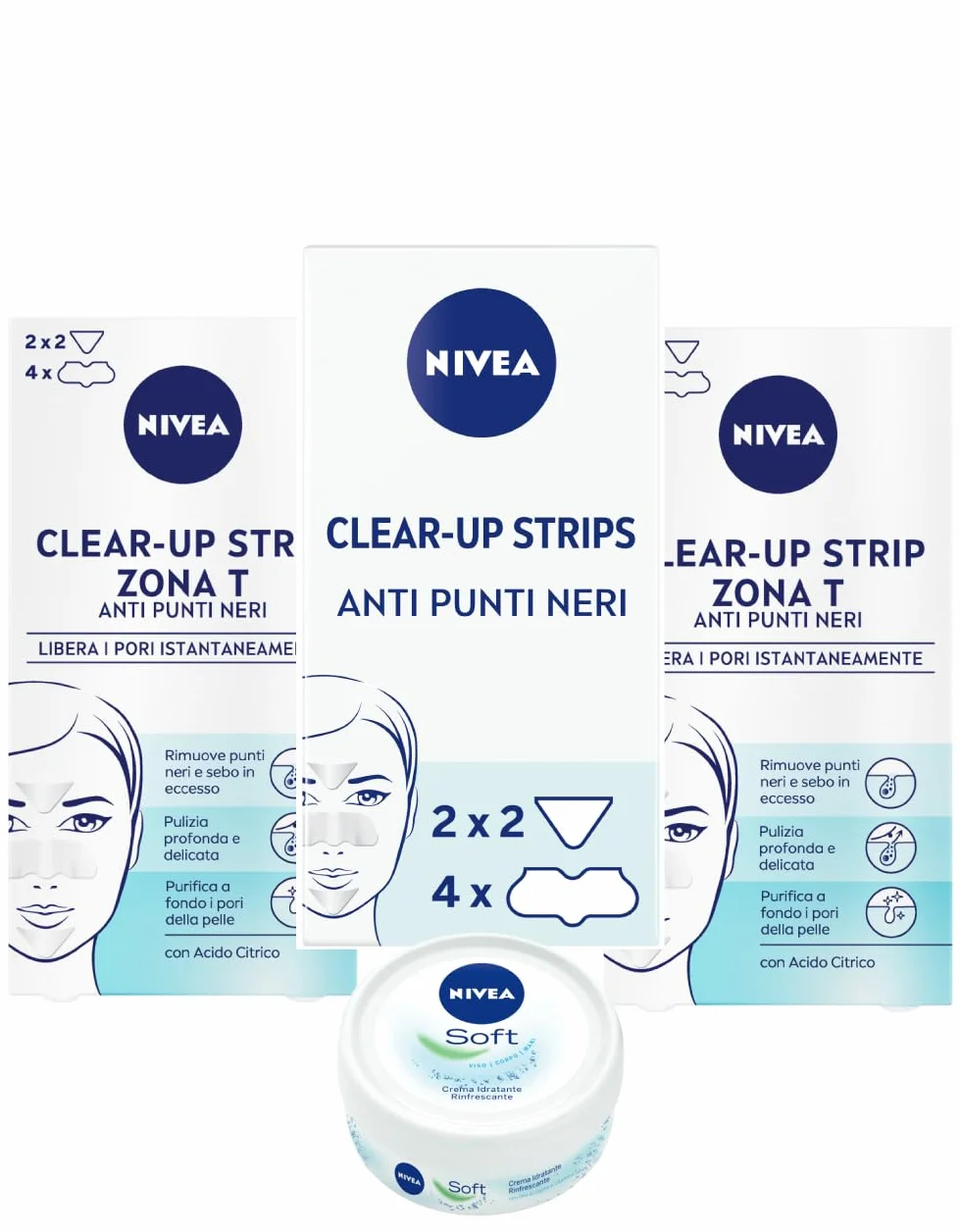 NIVEA Clear-Up Strips Zona T Cerotti punti neri in confezione da 3 x 6 pezzi, Cerotti anti-imperfezioni per la pulizia viso e NIVEA Soft Mini crema viso, corpo e mani da 25 g in omaggio