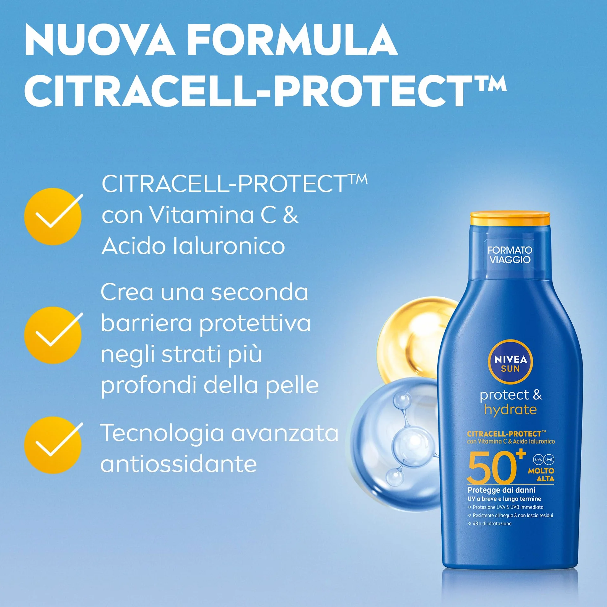 NIVEA SUN Protect & Hydrate SPF 50+ Crema Solare 100 ml Viaggio Idratante 48h Assorbimento Rapido Resistente all'Acqua