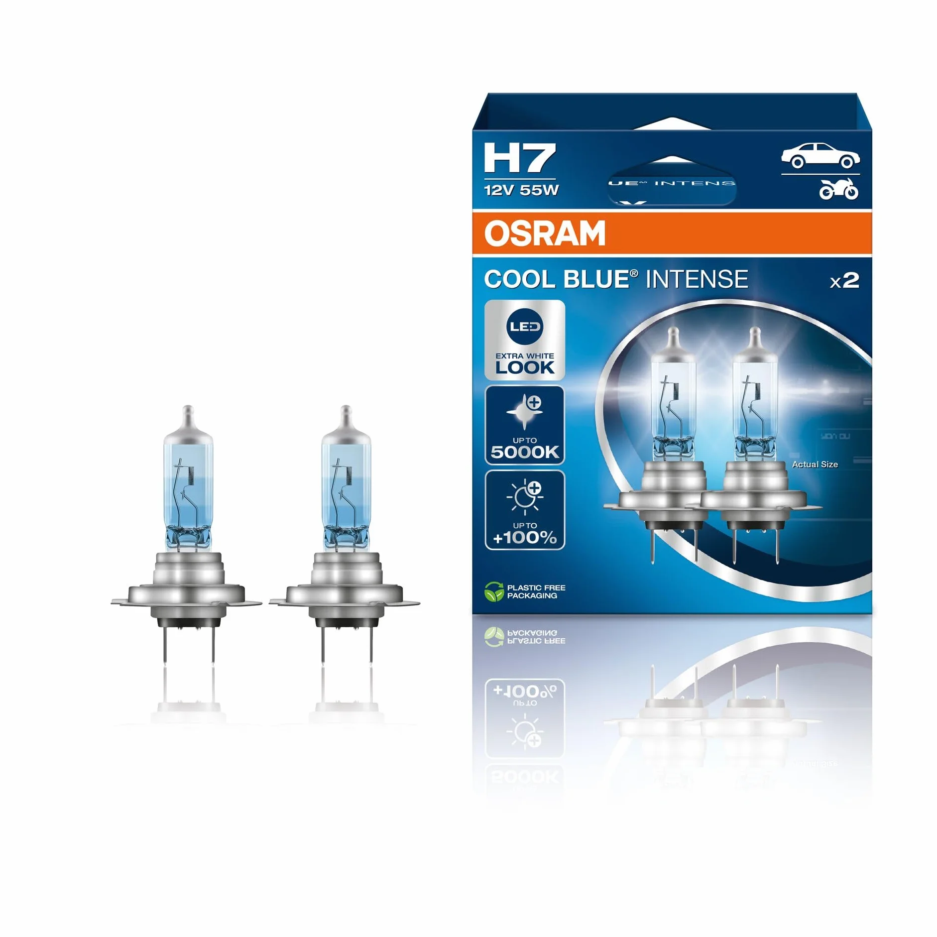 OSRAM COOL BLUE INTENSE H7 +100% luminosità 5000K lampada alogena frontale aspetto LED 2 lampade