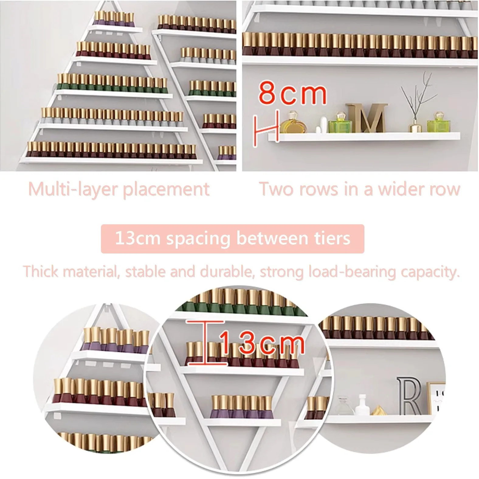 Bianca,6 Piece Set, Scaffale da Parete in Metallo per Smalto per Unghie Scaffale per Vetrine per Oli Essenziali, Staffa Triangolare da 6/10 Pezzi Scaffali per Organizer per Profumi