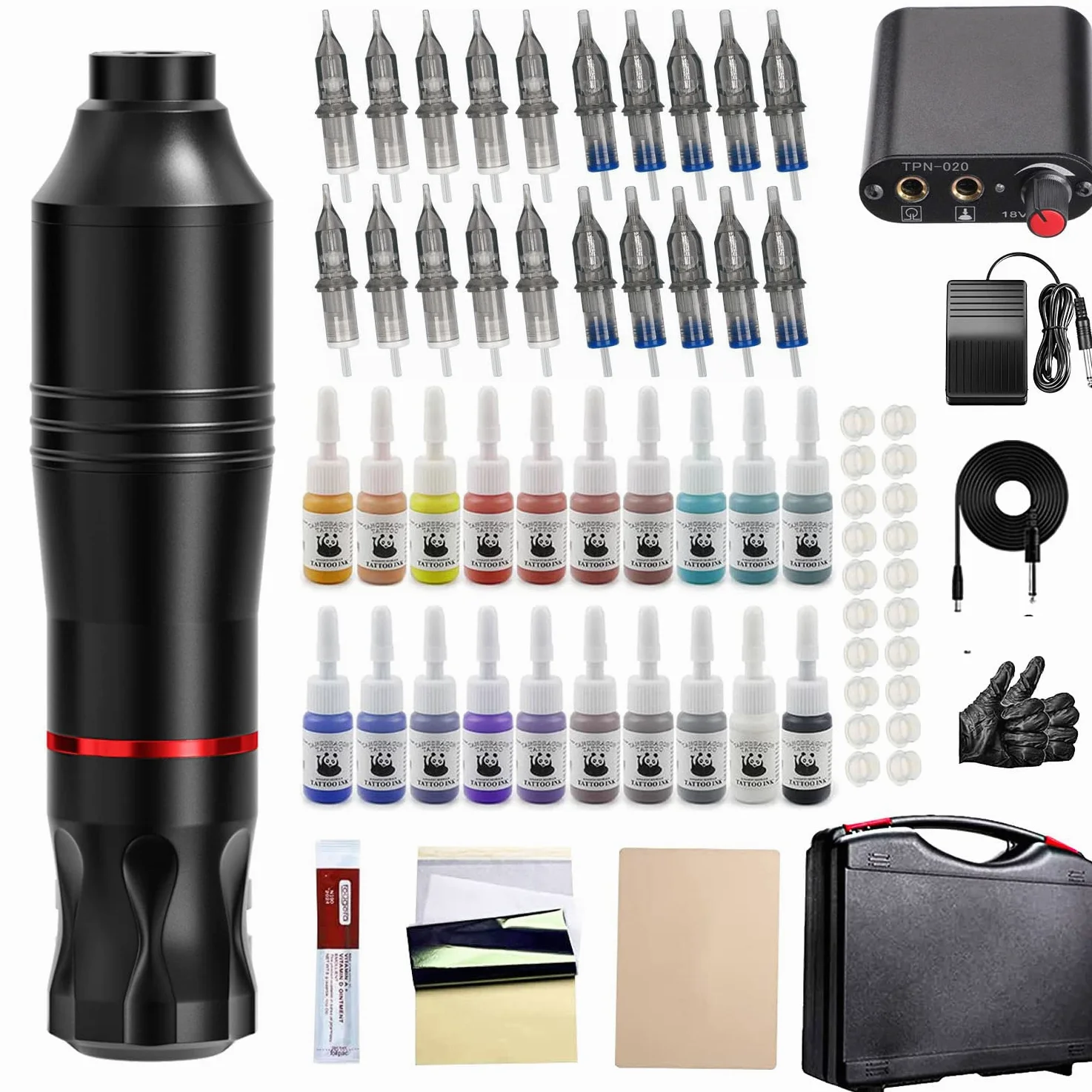 Kit Completo per Macchinetta per Tatuaggi, Inchiostri per Tatuaggi a 20 Colori, Kit per Tatuaggi Rotanti per Principianti, 20 Cartucce ad Ago, Kit Penna per Tatuaggi con Custodia (nero)