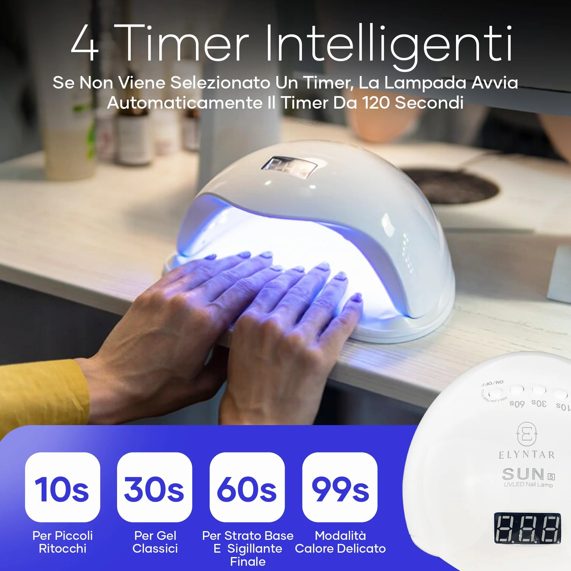 SUN 5 Lampada UV LED 48W per Unghie con Sensore e Timer | Sensore Automatico, Timer 10s/30s/60s/99s, Display LCD, 24 LED