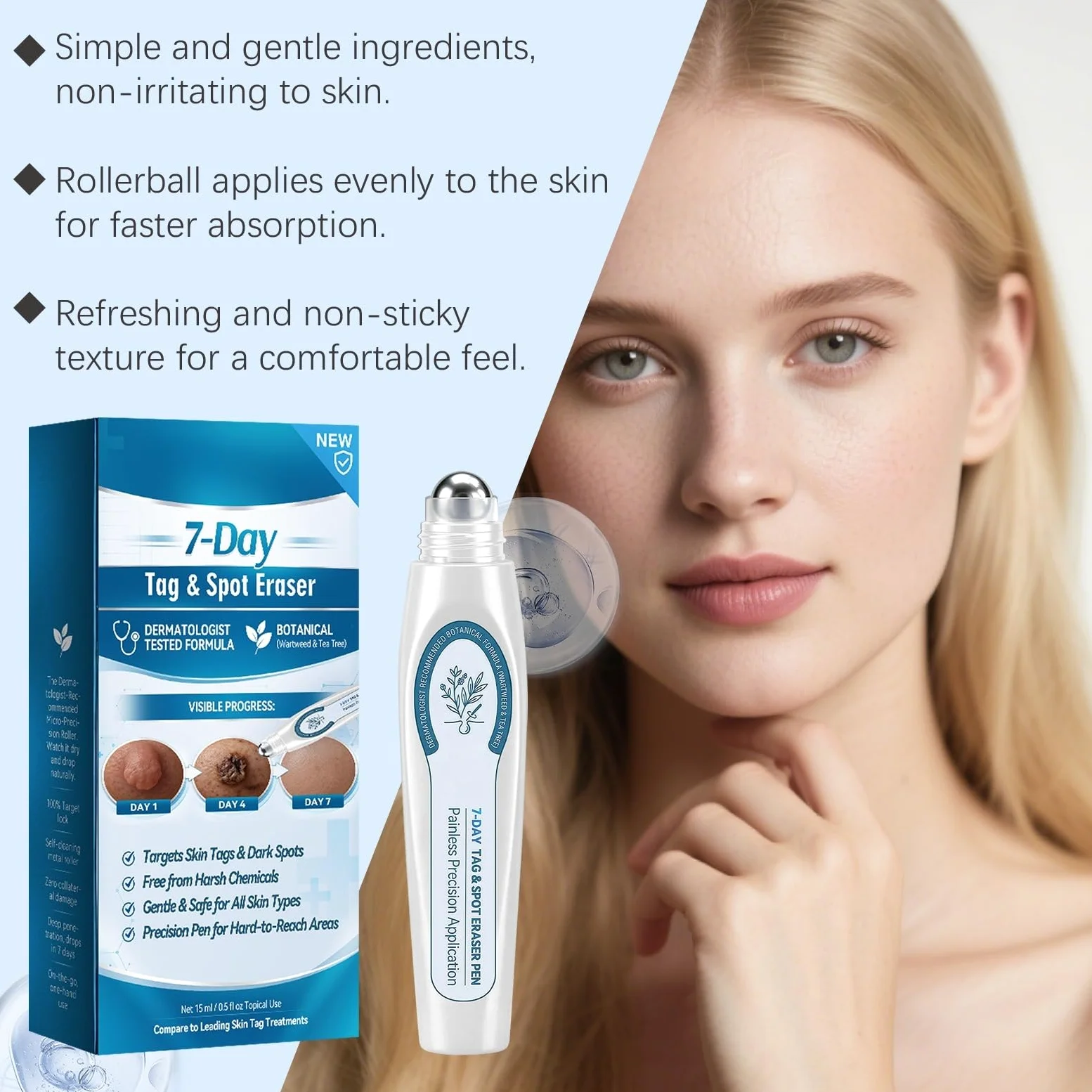 Eraser 7 giorni escrescenze e macchie – Roller gel naturale, uomo/donna. | per la cura della pelle Stimola il rinnovamento della pelle: Formula botanica con olio di tea tree e vitamina E.
