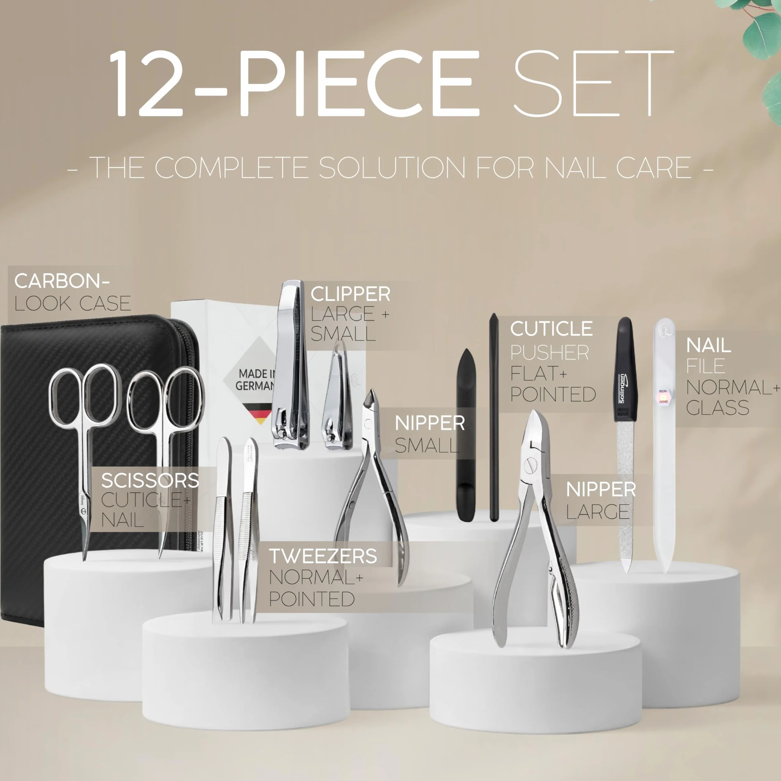 Solingen Set per Manicure Professionale – Pinza, Lima in Vetro, 12 Pezzi, Custodia in Pelle, Made in Germany