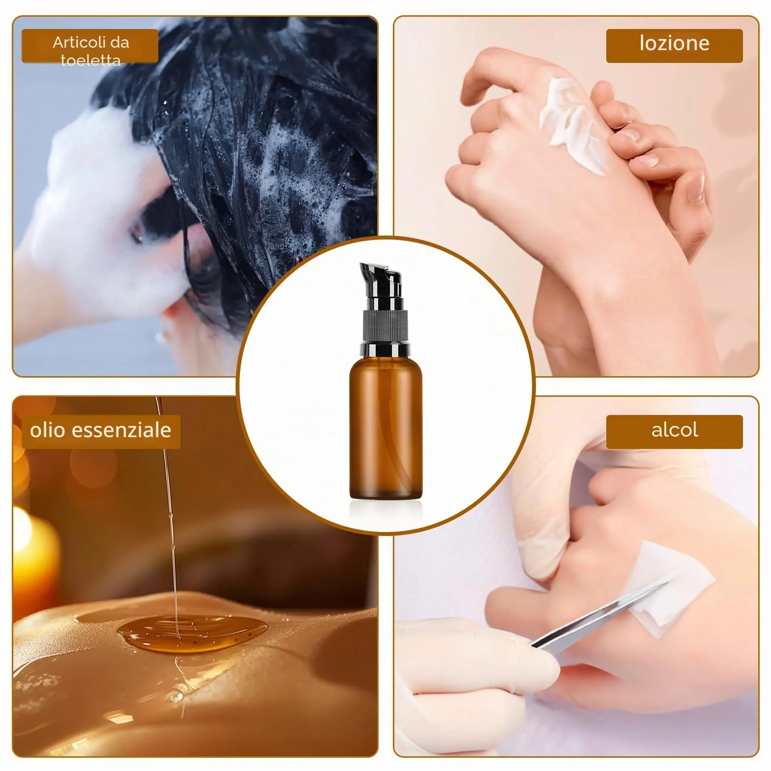 8 Pz Flaconi da Viaggio 30 ml, Bottiglie di Vetro Vuote Marroni, Dispenser Pompa in Vetro, Pompa Bottiglie da Viaggio in Aereo per Lozione Cosmetici Crema Shampoo Liquidi, con 4 Imbuti (8)