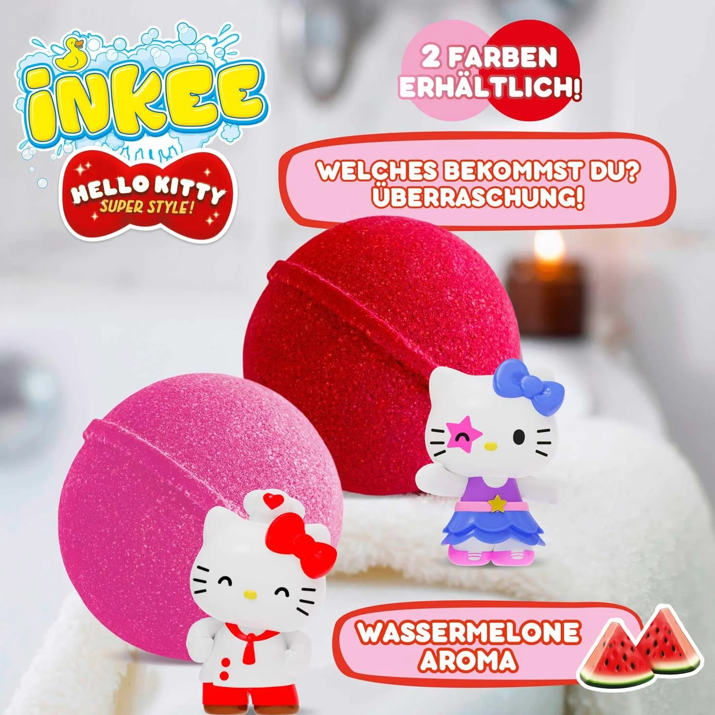 INKEE Hello Kitty 3 Pack - bombe da bagno per bambini con sorpresa - 3 di 6 figure di Hello Kitty da collezionare - 3x palline da bagno da 80 g al gusto di anguria e olio di jojoba, rosa o rosso