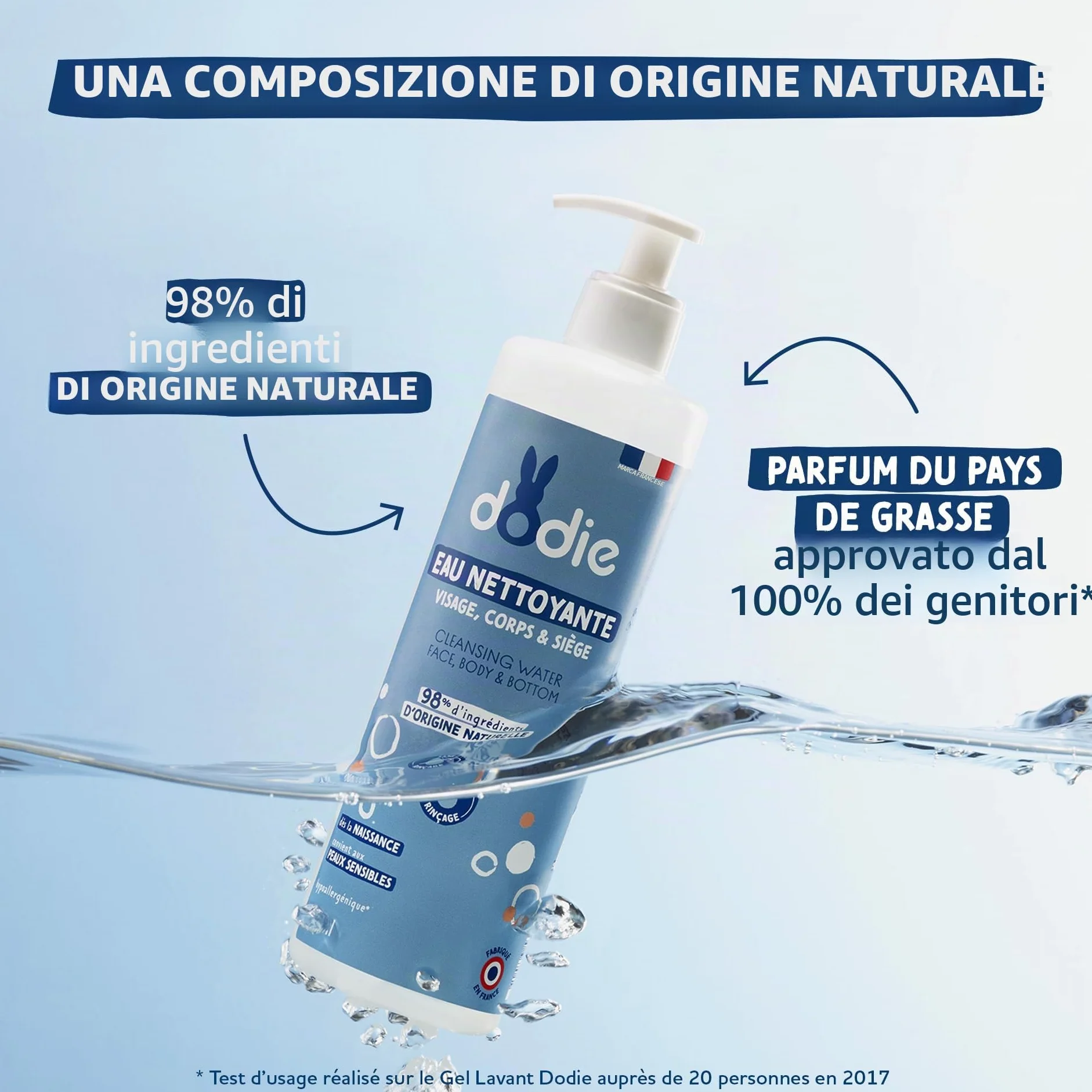 Dodie, Acqua Detergente 3 in 1 (500 Ml), Detergente Viso, Corpo e Zona Pannolino, 98% di Ingredienti di Origine Naturale, Ipoallergenico, dalla Nascita