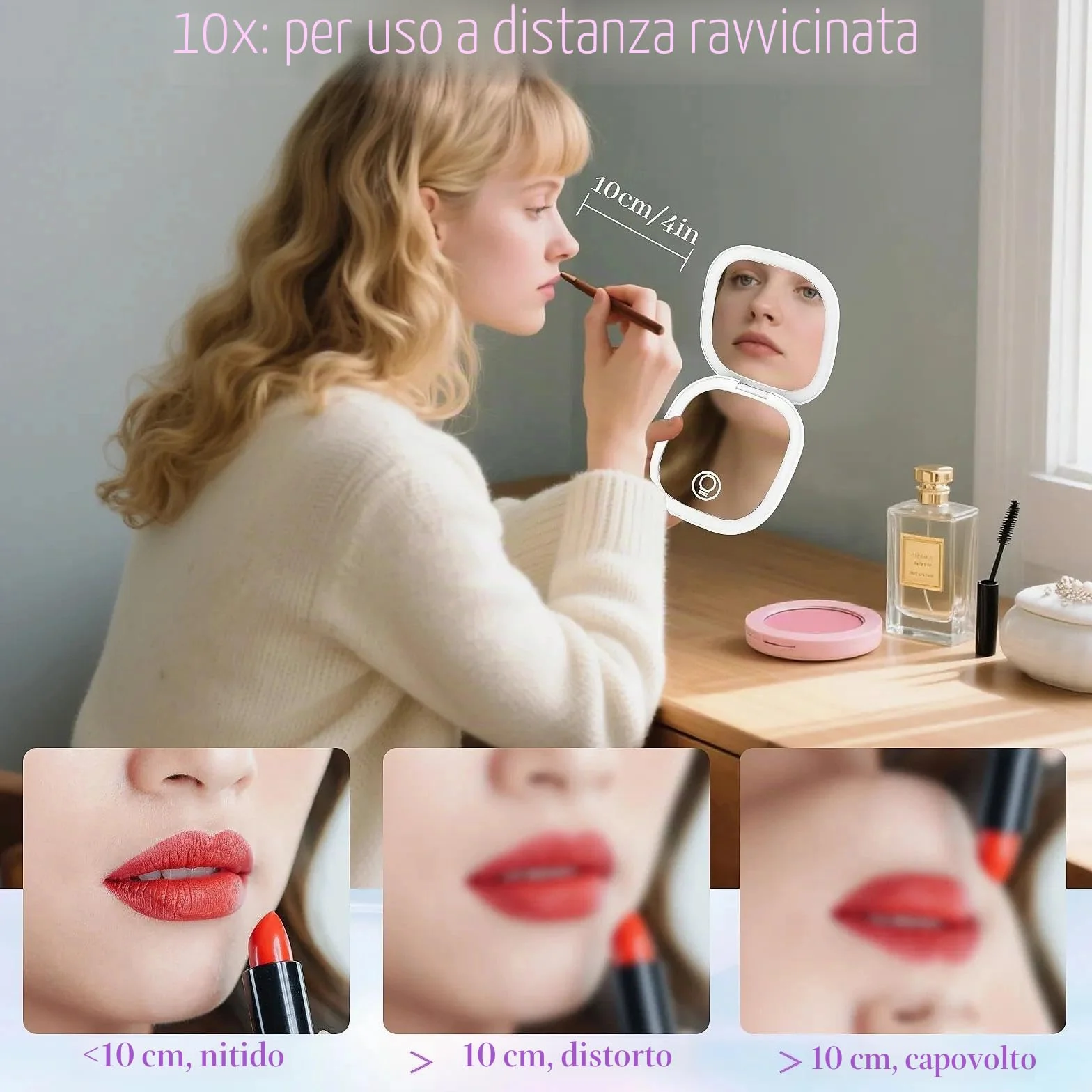 Collazoey LED Specchio Ingranditore, 1X/10X Specchietto da Borsetta, Chargement par USB, 3 Luci Regolabile Portatile Specchio da Viaggio, Interruttore Magnetico Pieghevole Piccolo Mirror (Bianco)