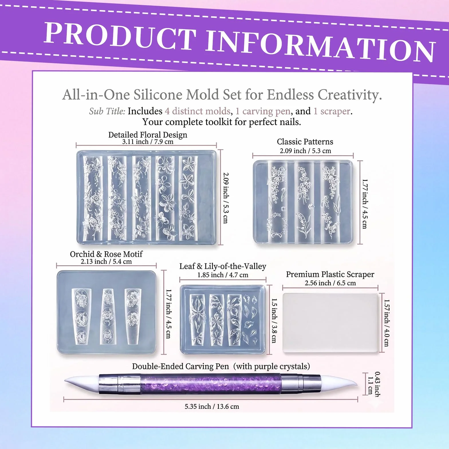 Nails Mold, set da 4 pezzi di timbri per unghie per disegno nail art con stampi in silicone 3D con fiori, stamping templates per unghie