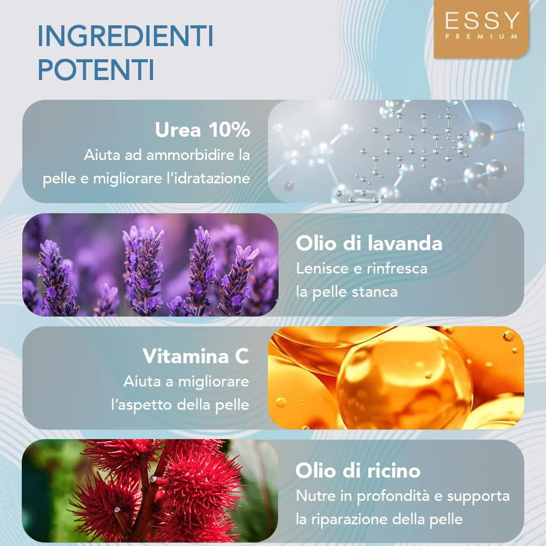 Essy Crema Piede, Crema Piedi Secchi Screpolati con Urea 10%, Idratante con Olio di Ricino per Piedi Ruvidi, Riparatore Talloni Screpolati per Nutrire e Ripristinare la Morbidezza, 125 ml